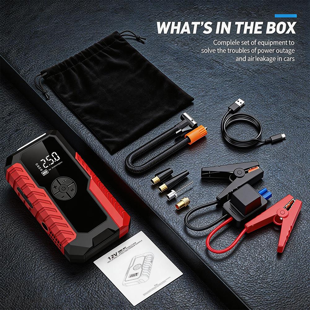 Car Jump Starter with Air Compressor - 12V Battery Booster, Tire Inflator & Power Bank for Gas/Diesel Vehicles