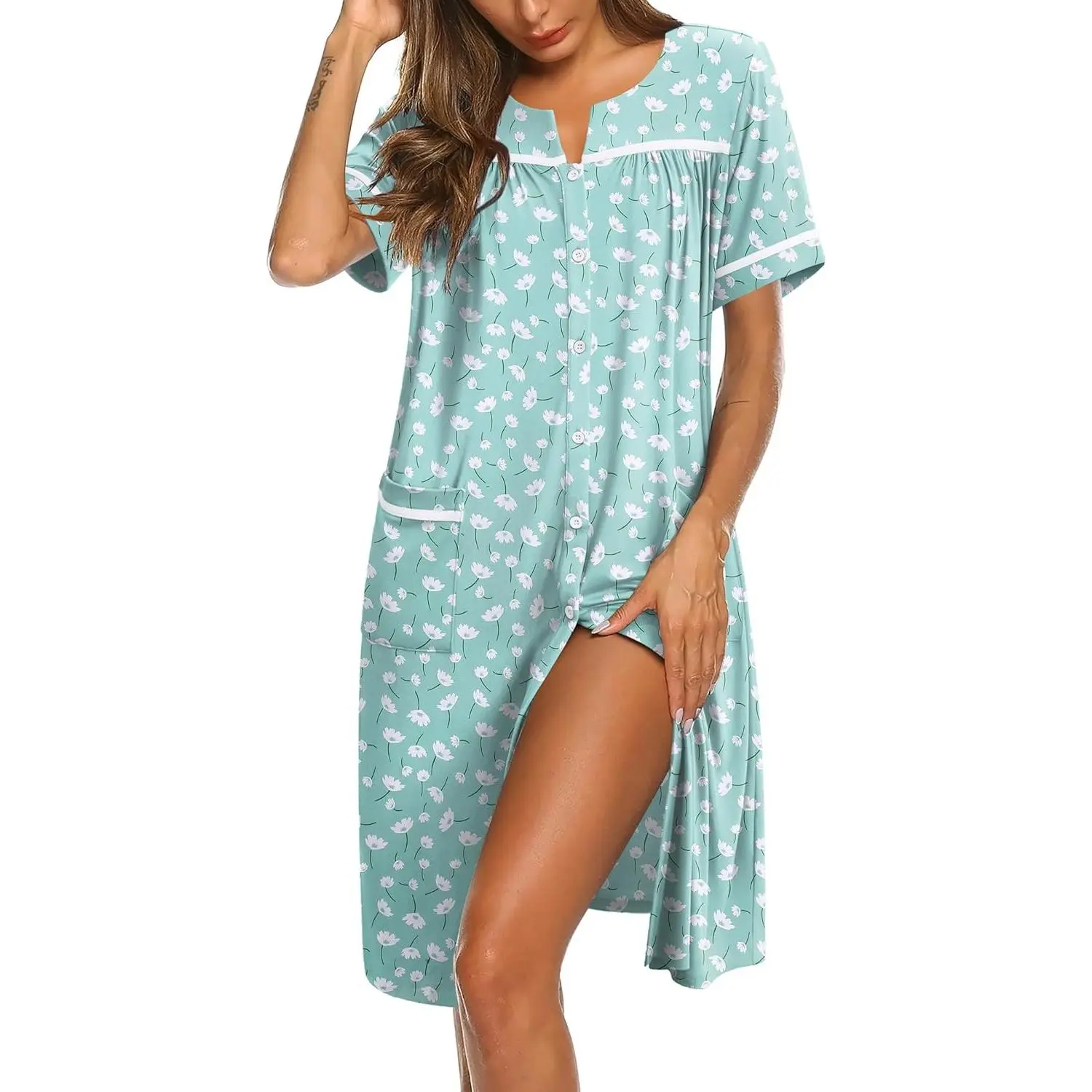 Nightgowns for Women House Dress with Pockets Button Down Sleepshirt Short Sleeve Nightshirt Housecoat | Button Up Night Gowns,Short Sleeve Housecoat,Moo Moos for Elderly Women,Labor and Delivery Gown for Pregnant and Postpartum
