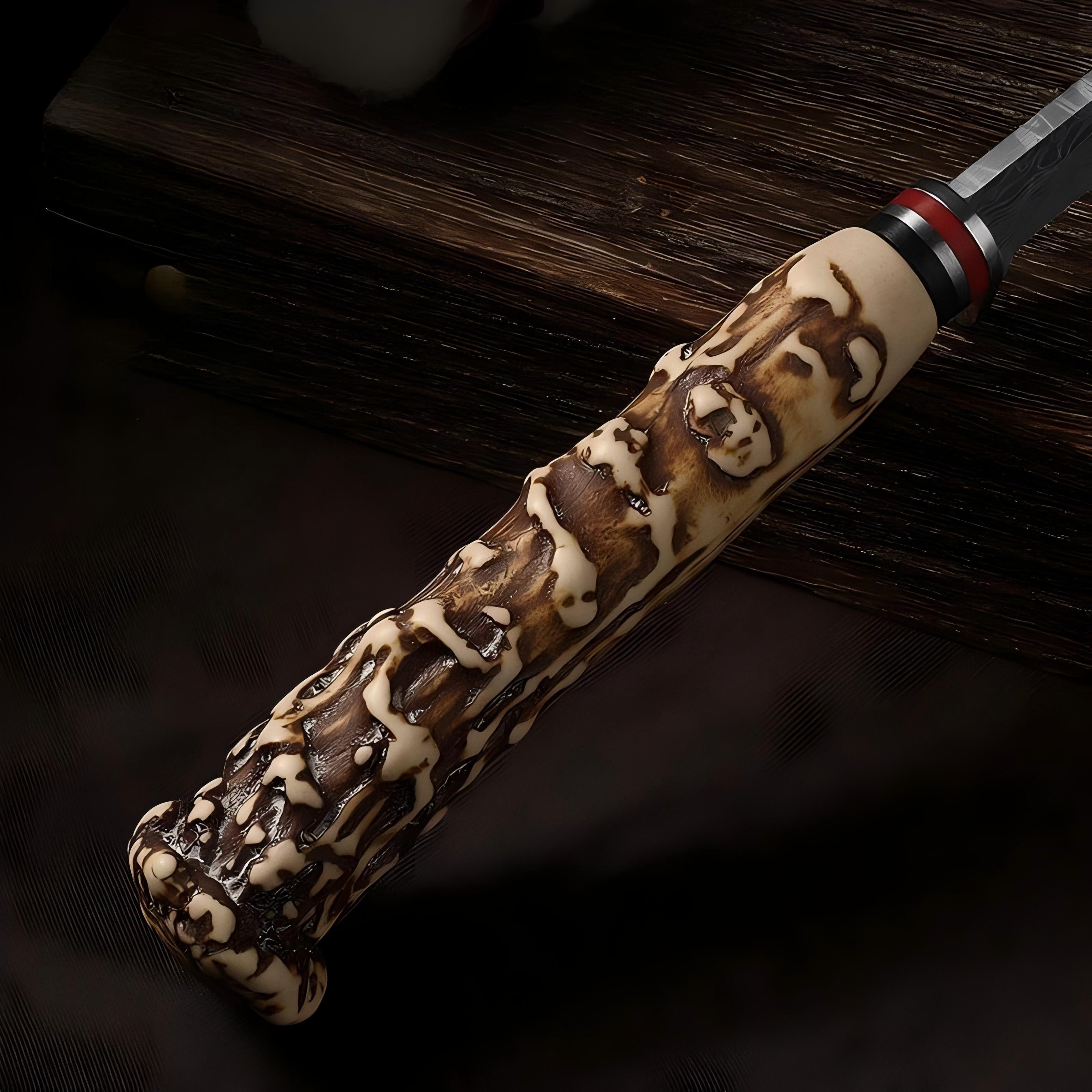 Multi-functional Knife with Angular Handle, Stainless Steel Damascus Pattern Meat Cutting Kitchen Knife, Sharp Fixed Blade Knife with Sheath, Good helper tool for Home Cooking and Outdoor Camping.