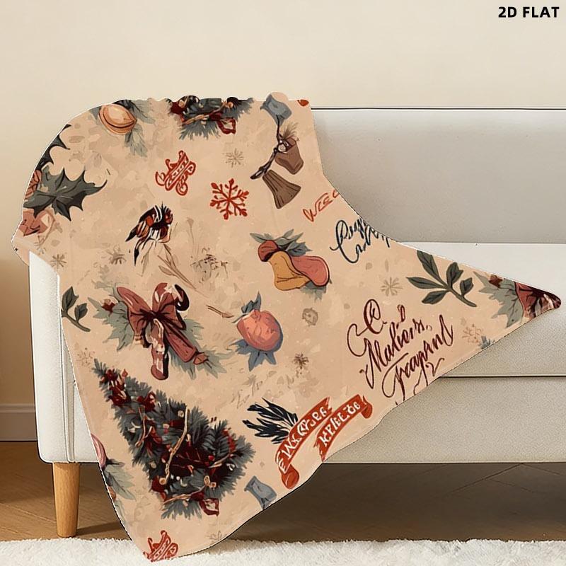 Vintage Christmas Themed Throw Blanket, Single - Sided Printed, Multiple Specifications Available, Warm Tones Design with Christmas Trees, Holly Leaves, Red Bows & Snowflakes, Ideal for Holiday Decor & Napping, Festive Greeting Style Pattern