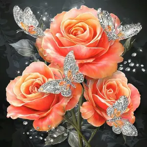5D DIY Diamond Painting Kit Orange Roses With Crystal Silver Butterflies Elegant Floral Art Pattern, Full Round & Square Drill Rhinestone Mosaic Cross Stitch Craft Kit, Handmade Ornament Wall Art Home Decor Gift for Living Room Bedroom