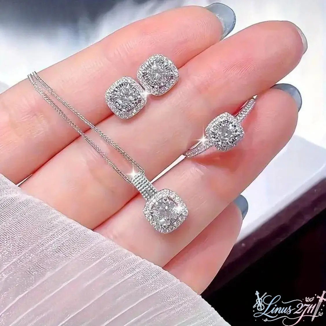Women's 3‑Piece Halo Costume Jewelry Necklace Set, Premium Cubic Zirconia Cushion Cut Necklace, Earrings and Ring, Silver Plated Sparkle Bling Bridal Wedding Accessory for Evening Gowns, Sports and Outdoor Outfits