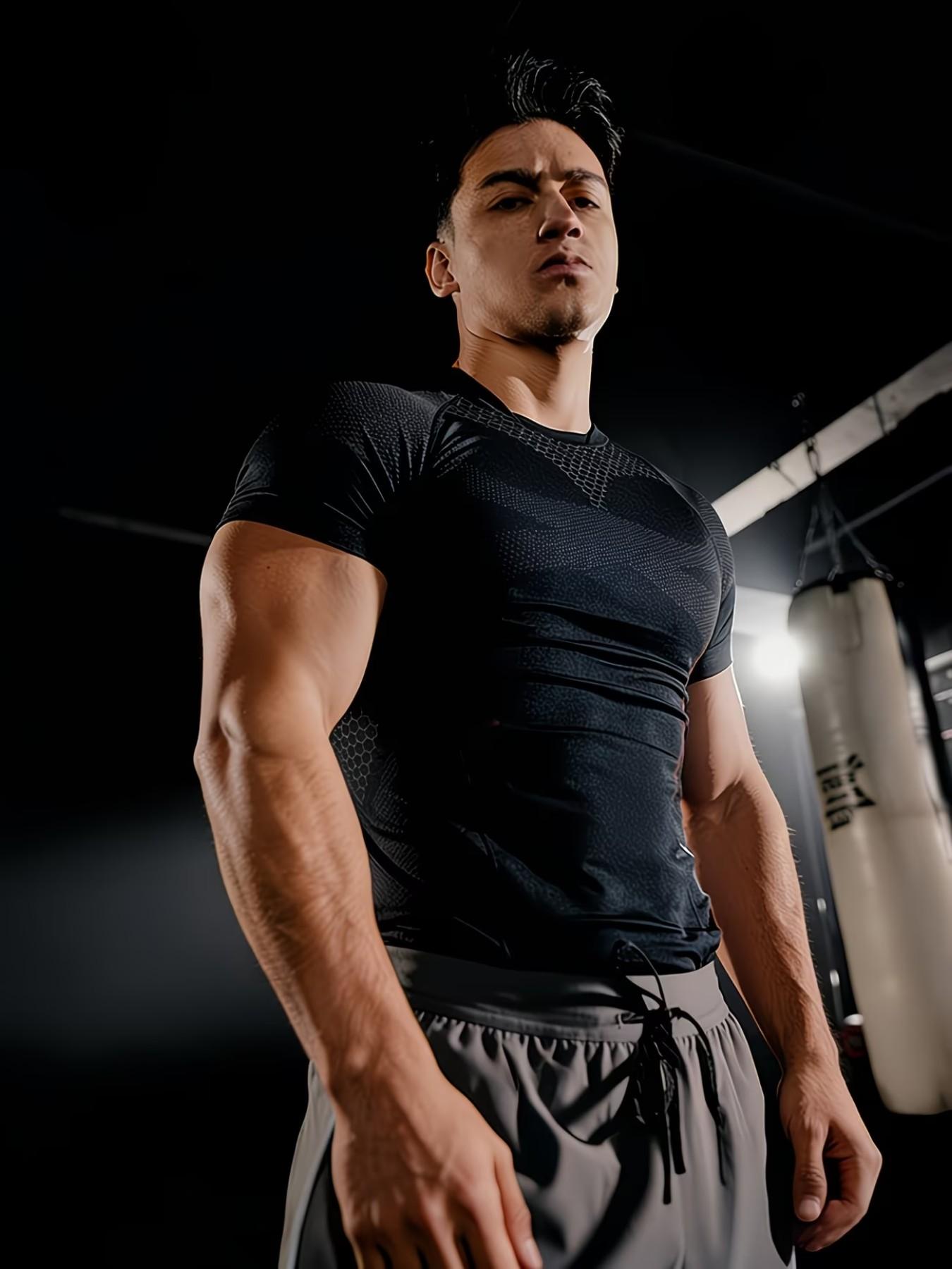 Men's Honeycomb Patchwork Quick-Dry Fitted T-Shirt, Stretch Breathable Wrinkle-Resistant, Boxing Running Fitness Daily Wear