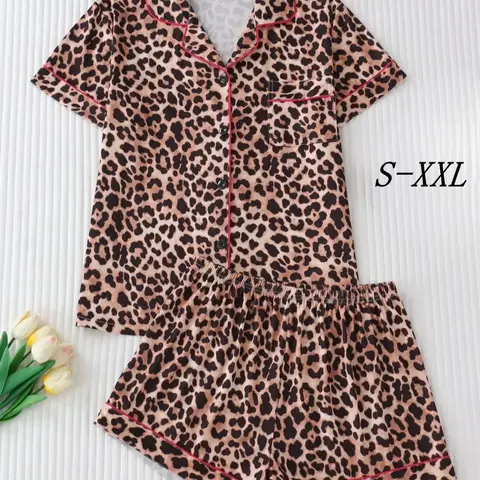 Women's Leopard Print Short Sleeve Pajama, Elegant Chic Button Up Lapel Neckline Top & Shorts Pyjama Set, Ladies Sleepwear for Summer, Loungewear, Womenswear, Homewear, Leopard Print Pajamas, Pyjamas Set, Pajamas Sets