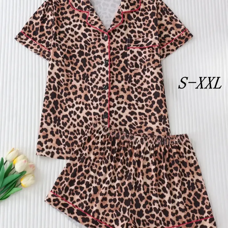 Women's Leopard Print Short Sleeve Pajama, Elegant Chic Button Up Lapel Neckline Top & Shorts Pyjama Set, Ladies Sleepwear for Summer, Loungewear, Womenswear, Homewear, Leopard Print Pajamas, Pyjamas Set, Pajamas Sets