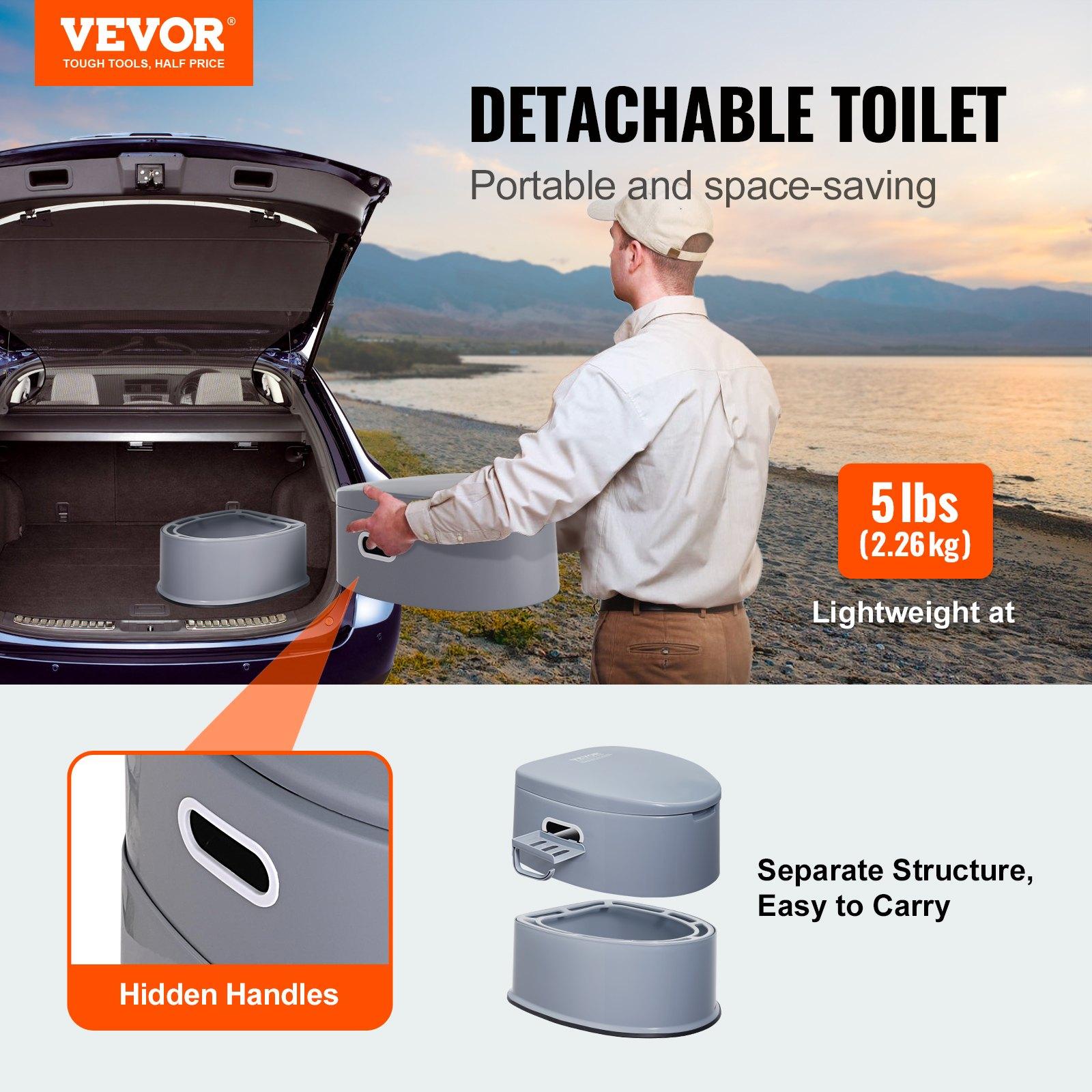 VEVOR Polypropylene (PP Plastic) Portable Camping Toilet, 300 lbs Capacity Porta Potty with 1.3 Gal Detachable Inner Bucket, Removable Washable Paper Holder, Non-Slip Commode, Double Cover, Side Handles, Odorless for Adults/Kids, Camping/Travel