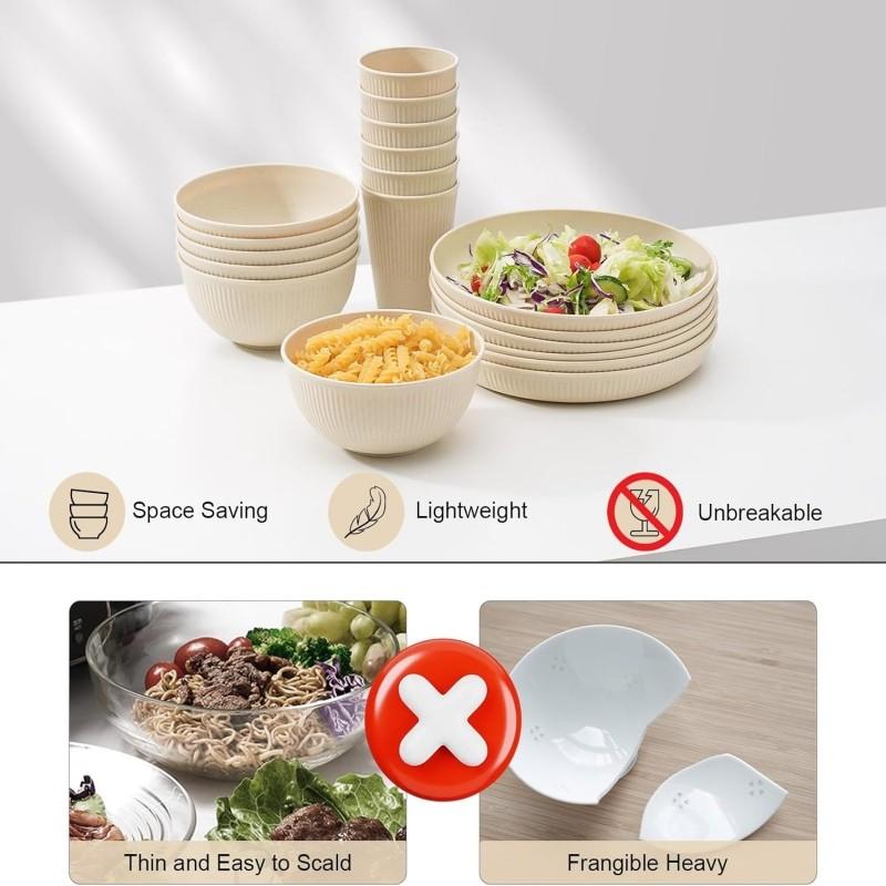 18-Piece Wheat Straw Cutlery Set, Durable Kitchenware, Dishwasher & Microwave Safe, Salad Plate, Cereal Bowl, Travel Camping Utensils, Tableware Set
