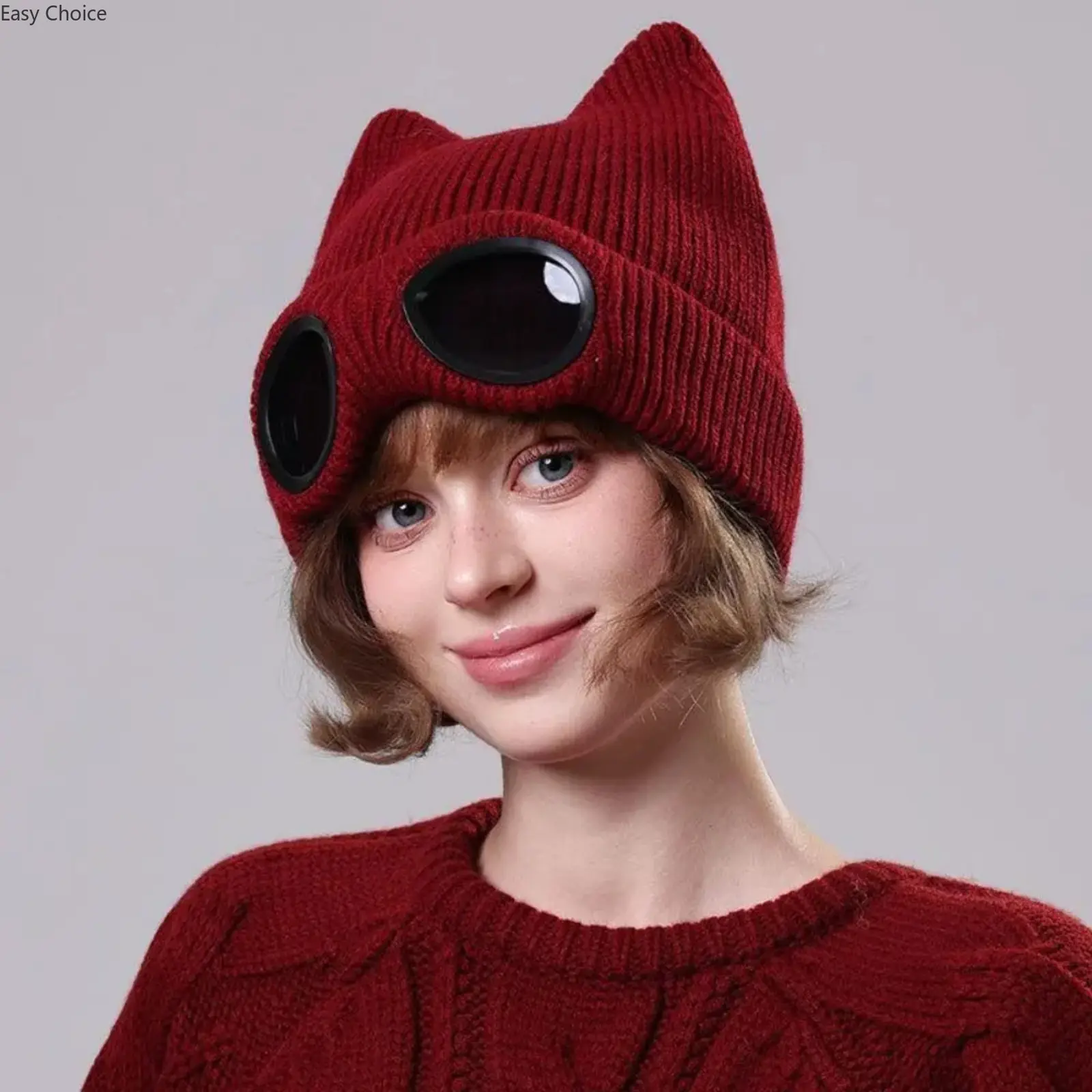 Unisex Fitted Cat‑Ear Goggles Beanie, Fleece‑Lined Elastic Skullcap With Warm Ear Flaps, Cozy One‑Size Animal‑Style Fitted Hat For Cold‑Weather Sports & Back‑to‑School Wear