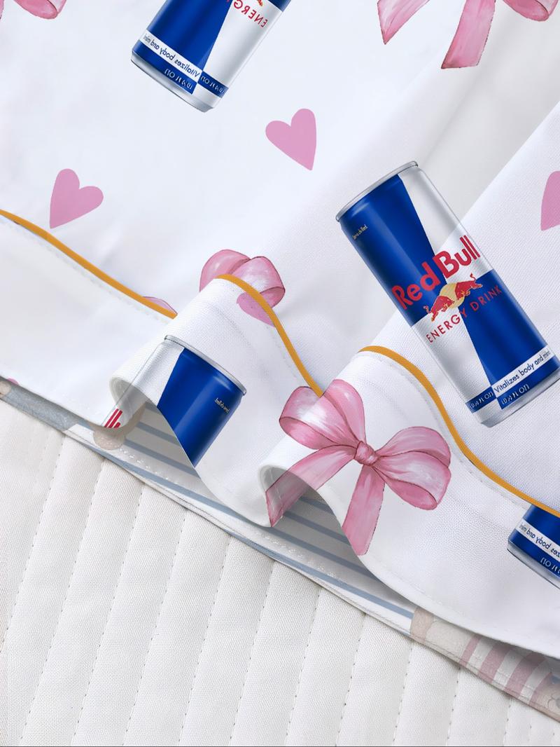 Women's Heart & Bow Print Sleepwear Set, Short Sleeve Button-Up Top & Elastic-Waist Shorts, Casual Loungewear for Home and Pajama Parties