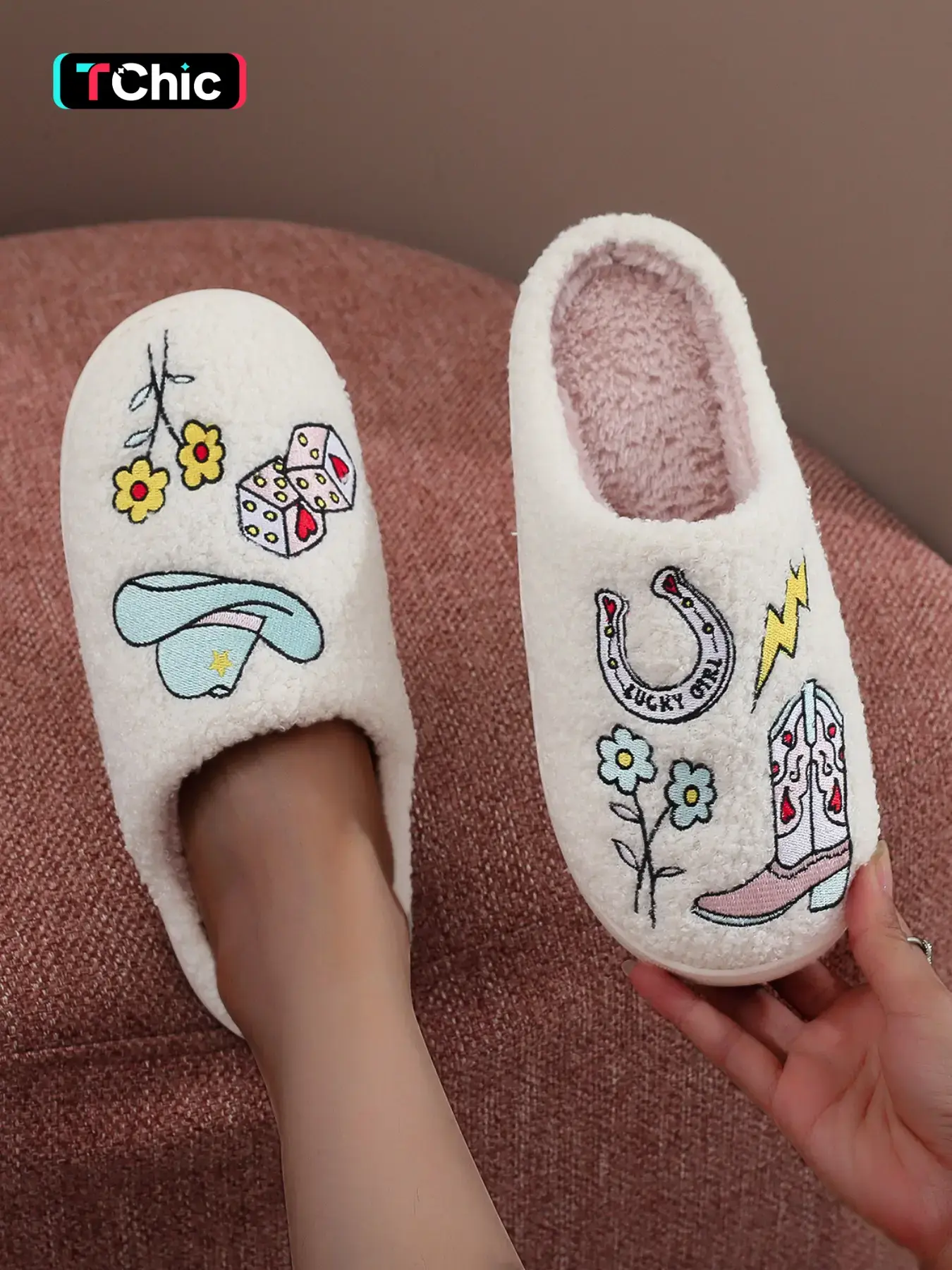 Western Cowboy Style Plush Slippers, Fuzzy Fashion Slippers, Boho Style Slippers, Luckgirl Embroidered Floral Design, Warm Indoor Outdoor Shoes for Fall & Winter, Fluffy House Slippers, Cowgirl Boot Slippers, Fashionable Soft Slippers