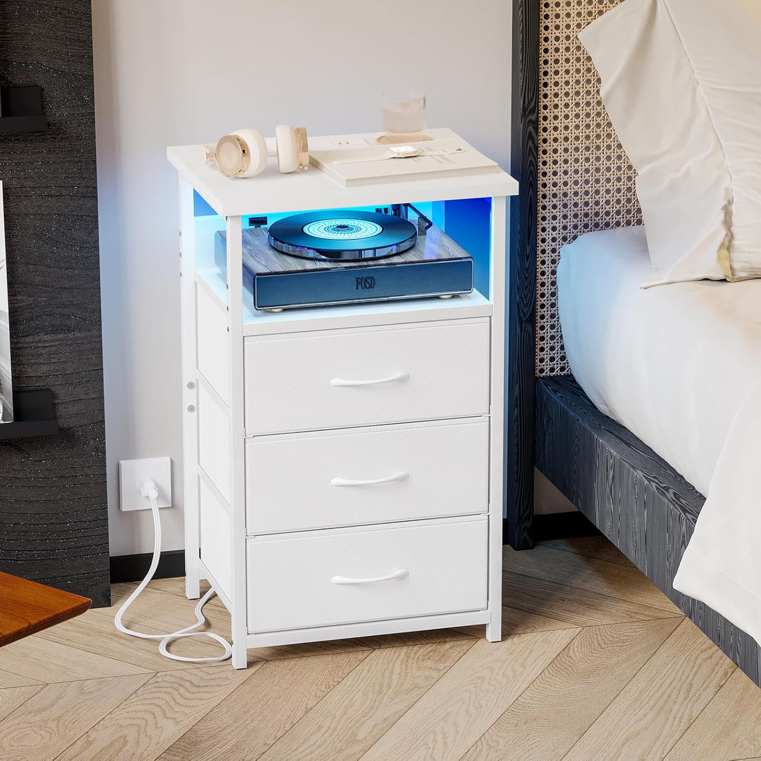 Night Stand with Charging Station, LED Nightstand with U-S-B Ports and Outlets, 3 Fabric Storage Drawers with PU Finish, Bedside Table, White Night Stand with Charging Station, LED Nightstand with U-S-B Ports and Outlets, 3 Fabric Storage Drawers with PU Finish, Bedside Table, White