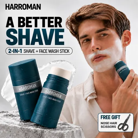 HARROMAN Men's 2-in-1 Facial Cleanser & Shaving Stick - Alcohol-Free, Aluminum-Free, Contains Neither Harsh Additives, Ocean Fresh, Moisturizing Wash with Menthol & Avocado Oil, Beard Prep, Soothes Normal Skin (40g)