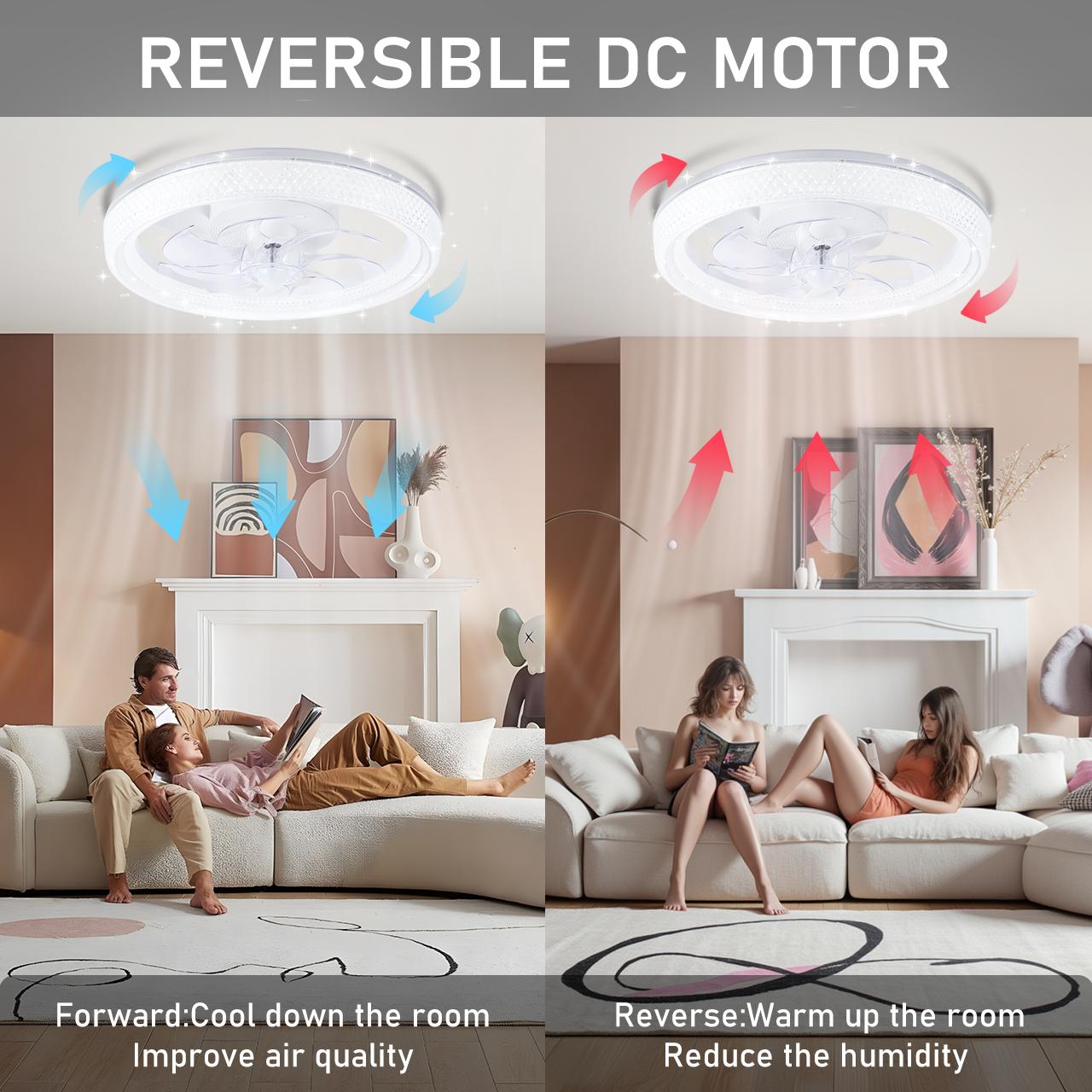 GLITGATE Diamantes Smart Ceiling Fan with Light 20" White Crystal 6-Speed Reversible DC Motor APP Remote Control Timer Dimming 3 Color Temperatures for Bedroom Living Room