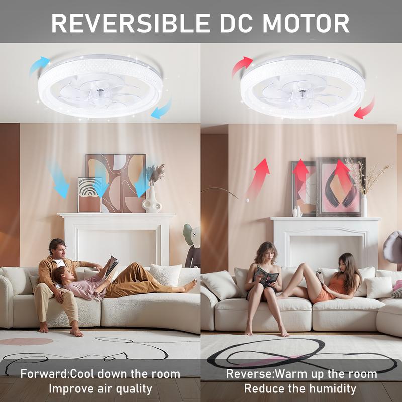 GLITGATE Diamantes Smart Ceiling Fan with Light 20" White Crystal 6-Speed Reversible DC Motor APP Remote Control Timer Dimming 3 Color Temperatures for Bedroom Living Room