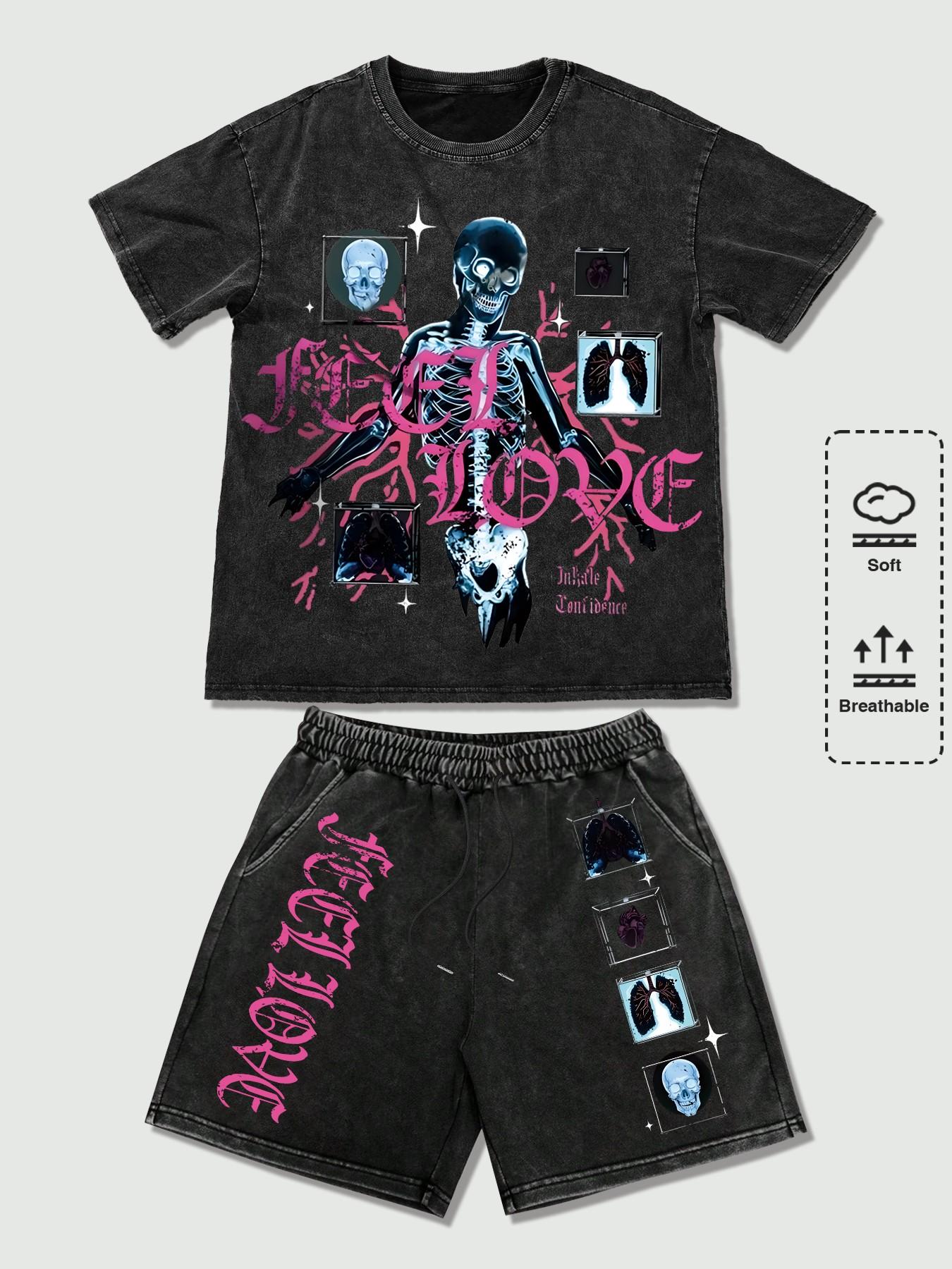 Edgy Darkwear X-Ray Print 2 Piece Outfit Breathable Soft Cotton Distressed Tee and Shorts Set Graphic Streetwear Set for Urban Techwear and Casual Daily Wear