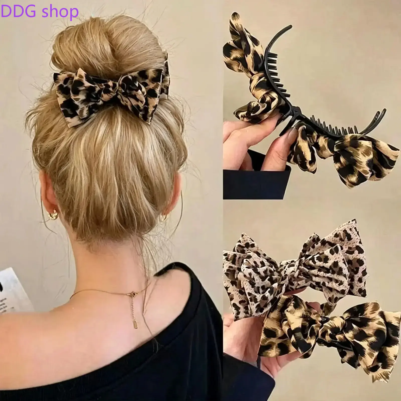 2‑Pack Vintage Leopard Print Bow Banana Hair Clips, Silky Soft Comfortable Fabric Jaw Barrettes, Retro Plastic Hair Accessories for Women Daily Commute Party Halloween Occasions