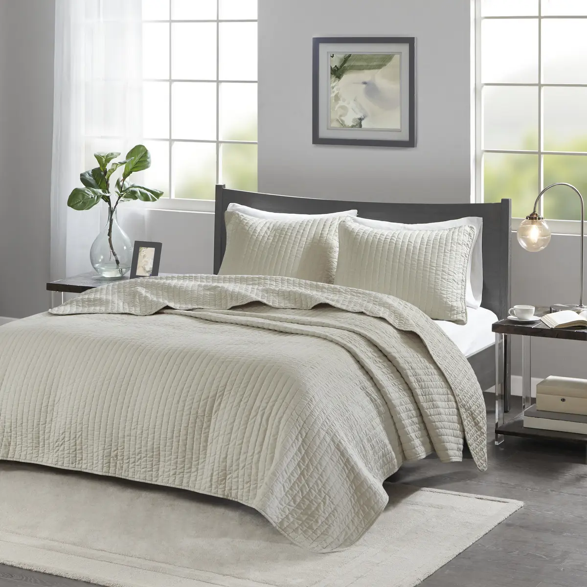 Nokaa 3-Piece King Quilt Set Cream Cotton Reversible Lightweight Bedspread Coverlet with Shams, Soft Quilted Pick Stitch, Antimicrobial, Machine Washable Bedding