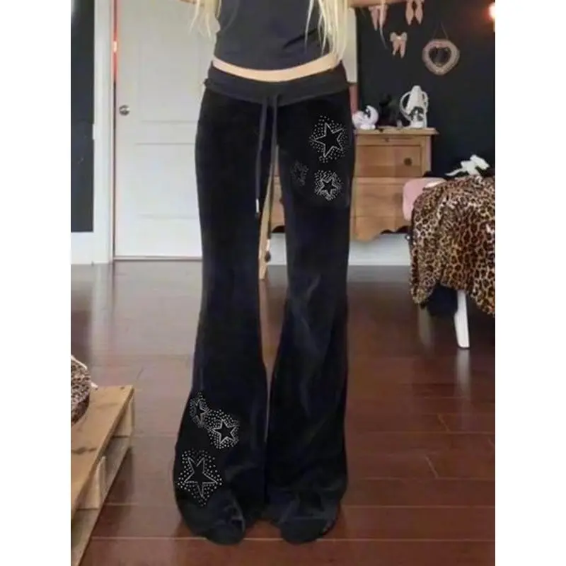 Women'sStarPatternRhinestonesVelvetPants,Y2kStyleDrawstringWaistBellBottomTrousersforDailyWear,LadiesBottomsforAllSeasons,GoingOutBottoms