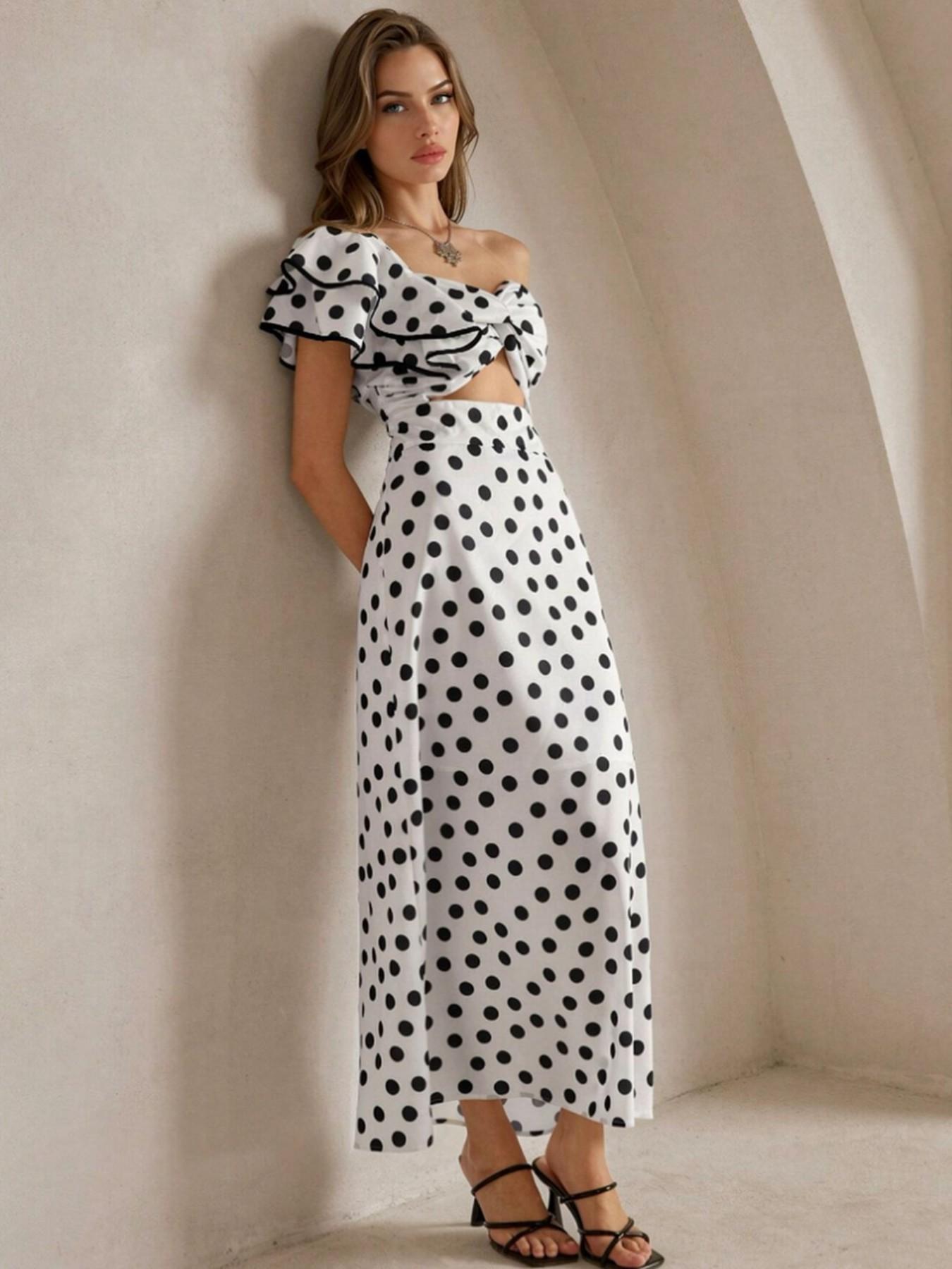 Women Polka Dot Print Casual One Shoulder Mini Dress, Stylish Maxi for Everyday Wear, Trendy Fashionable Ladies' Clothing