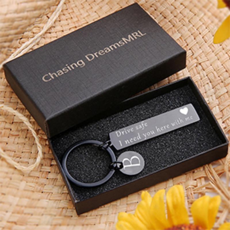 Metal Drive Safe Slogan Keychain with Heart Message - Customizable Personalized Letter Charm Key Tag, Car Key Rings, Daily Reminder Gift for Men, Birthday Gift for Partner