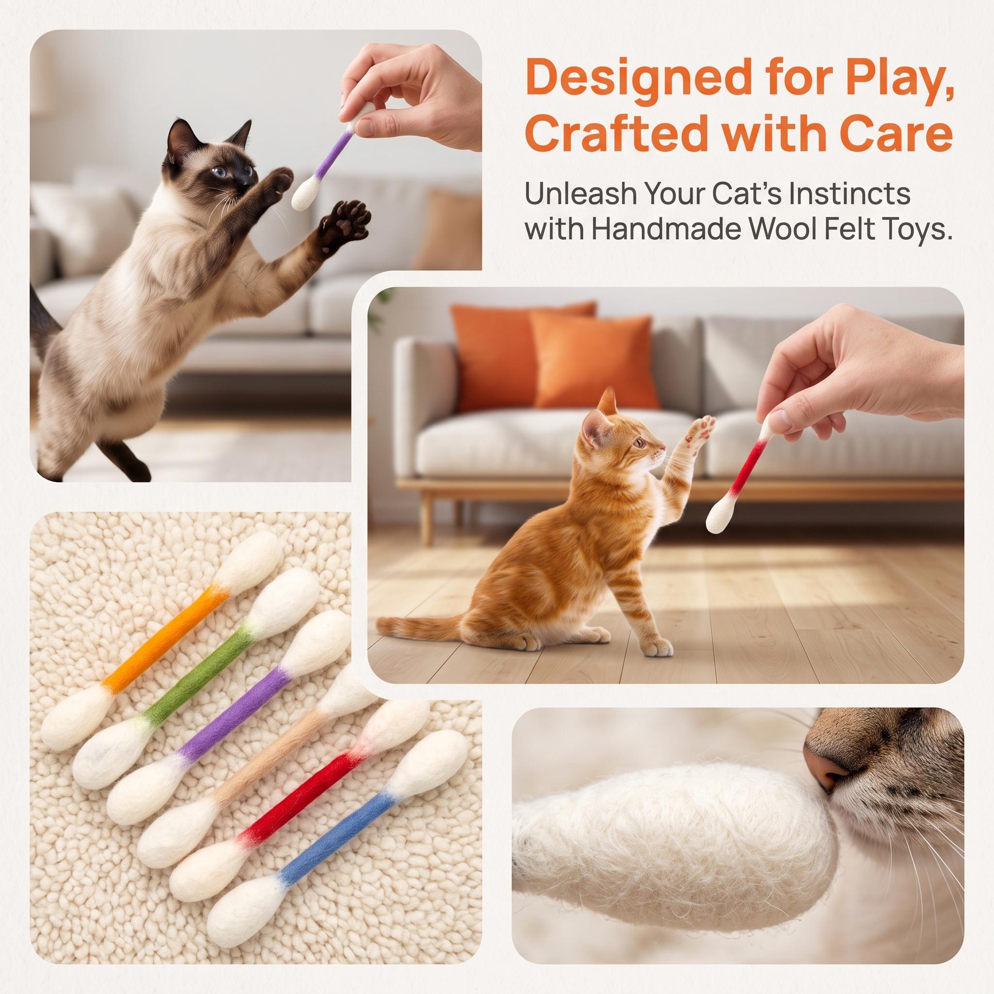 6 Pack Giant Cotton Swab Shaped Cat Toys, Soft Felt Teething Sticks, Durable Interactive Indoor Kitten Chew Toys, Anxiety & Boredom Relief Pet Accessories, Dental Cleaning Play Toys for Daily Cat Entertainment-YY1