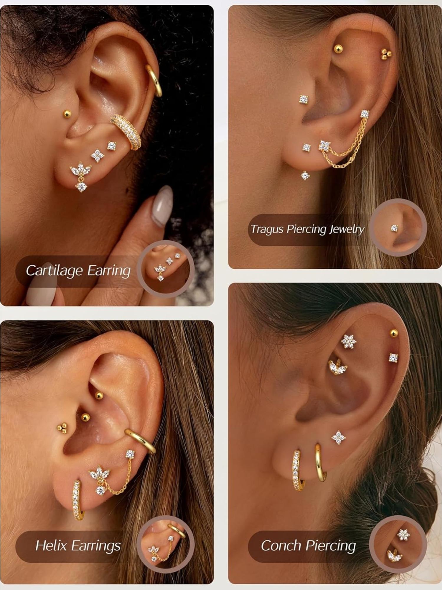 Versatile 24 Pcs Golden Shining Earrings Set Trendy Helix Piercings Surgical Steel Copper for Women Men Small Hoop Earrings with Chain Flat Back Stud Earrings Cartilage Conch Rook Tragus Piercing Earrings