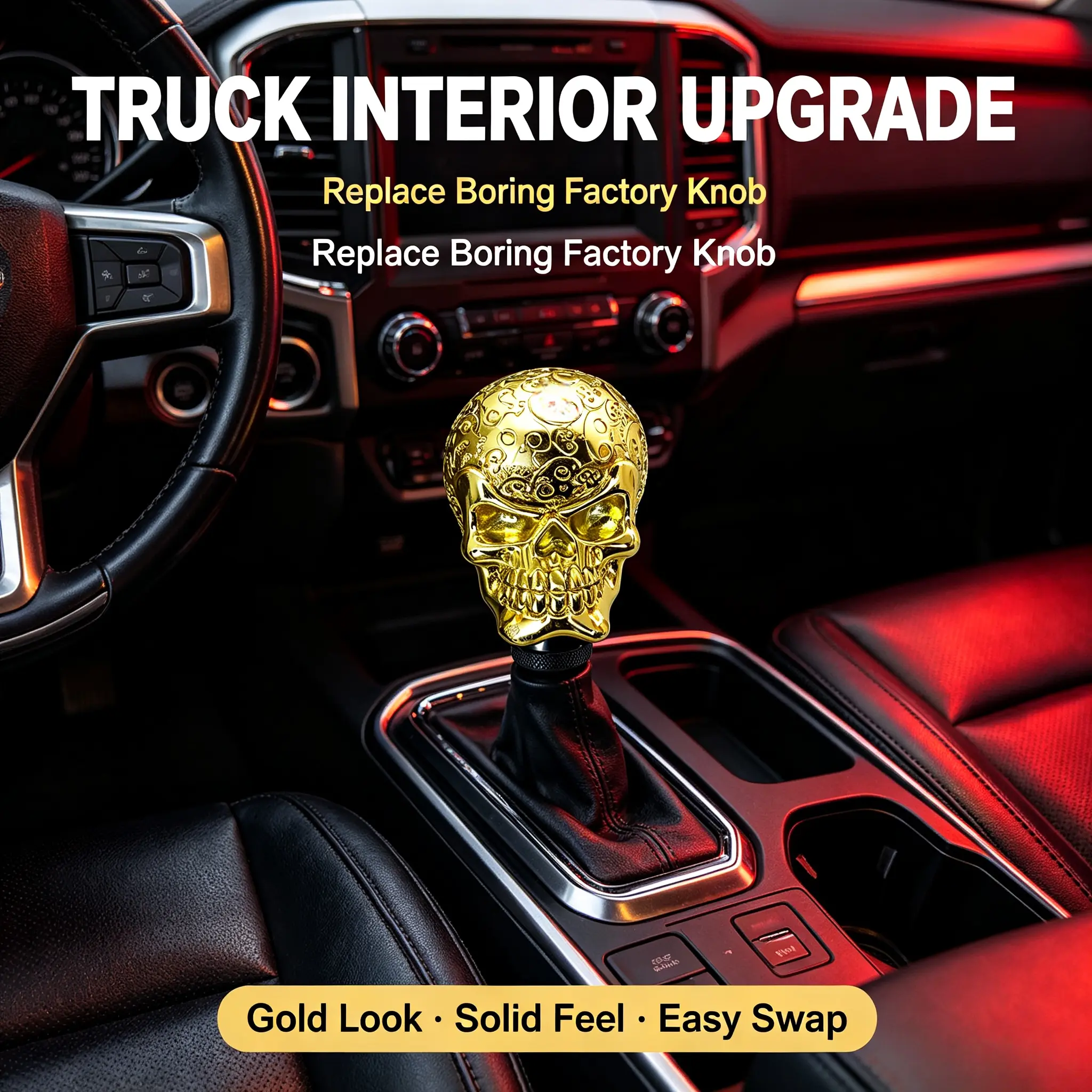 Gold 3D Carved Skull Gear Shift Knob, Universal Manual Shift Knob with Adapters, Truck Pickup Car Interior Mod Accessories,pedal,,running,board,degree,rotation,wheel,paddle,shifter,trim
