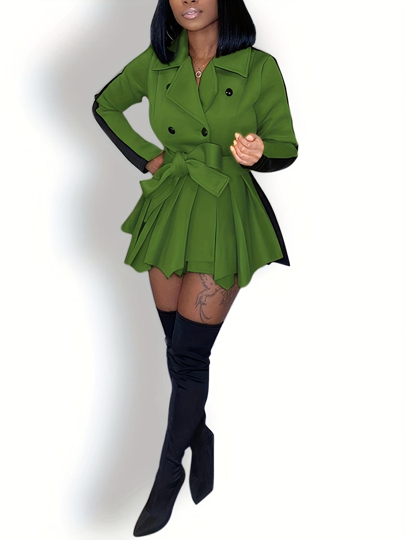 Women's Colorblock Double Button Plicated Belted Blazer Dress, Elegant Lapel Neck Long Sleeve Short Dress for Fall & Winter, Women's Clothing for Daily Wear