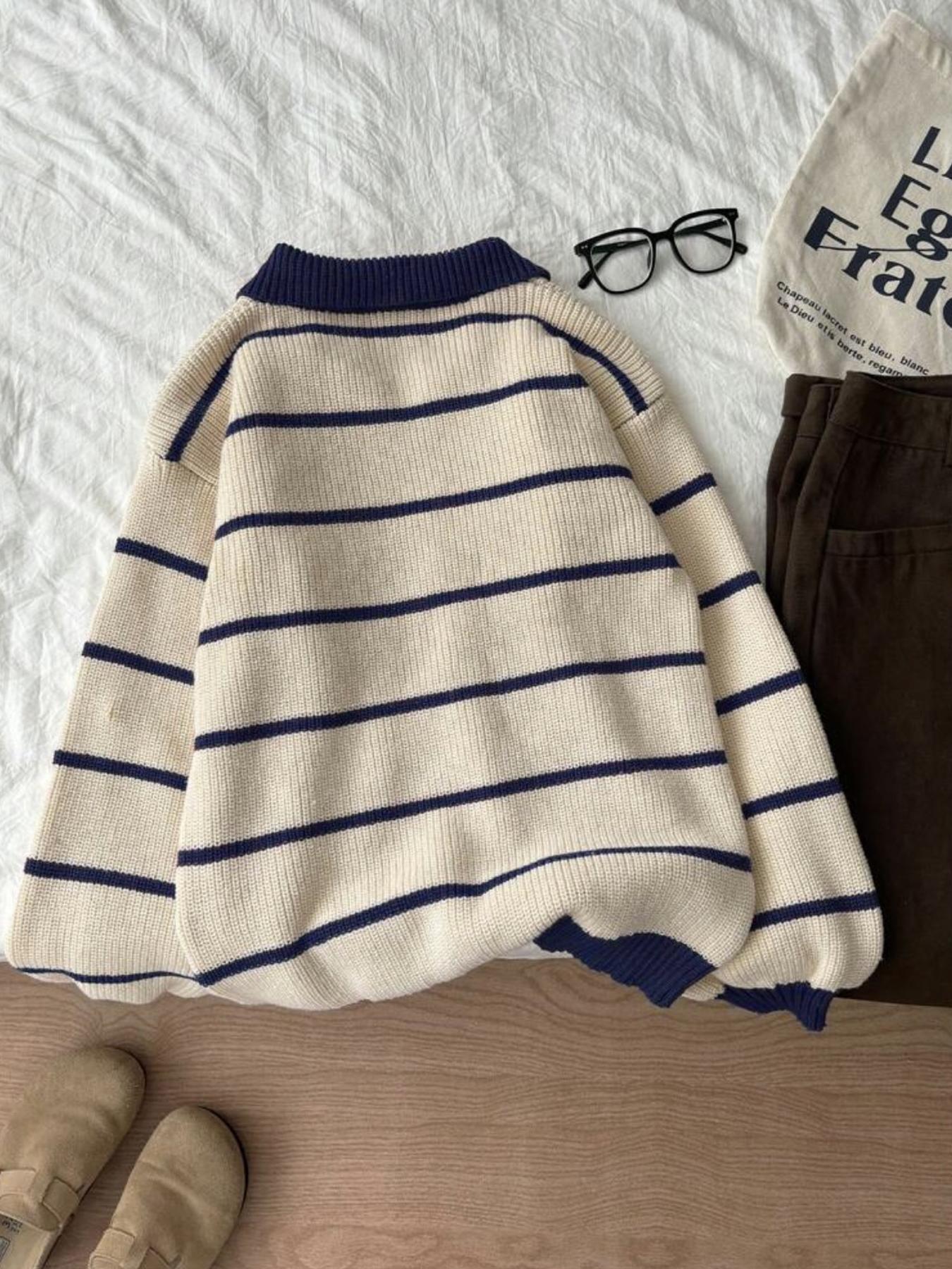 Autumn Winter Striped Polo Neck Long Sleeve Pullover Sweater, Fashionable Lazy Casual Loose Fit Knitwear, Versatile Style, Womenswear