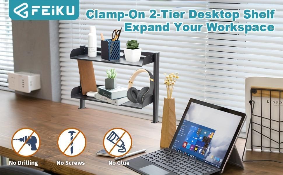 Adjustable Clip-On Desktop Organizer Rack, Double-Layer Metal Side Table, Easy to Install, Space-Saving Office Supplies Accessory Storage