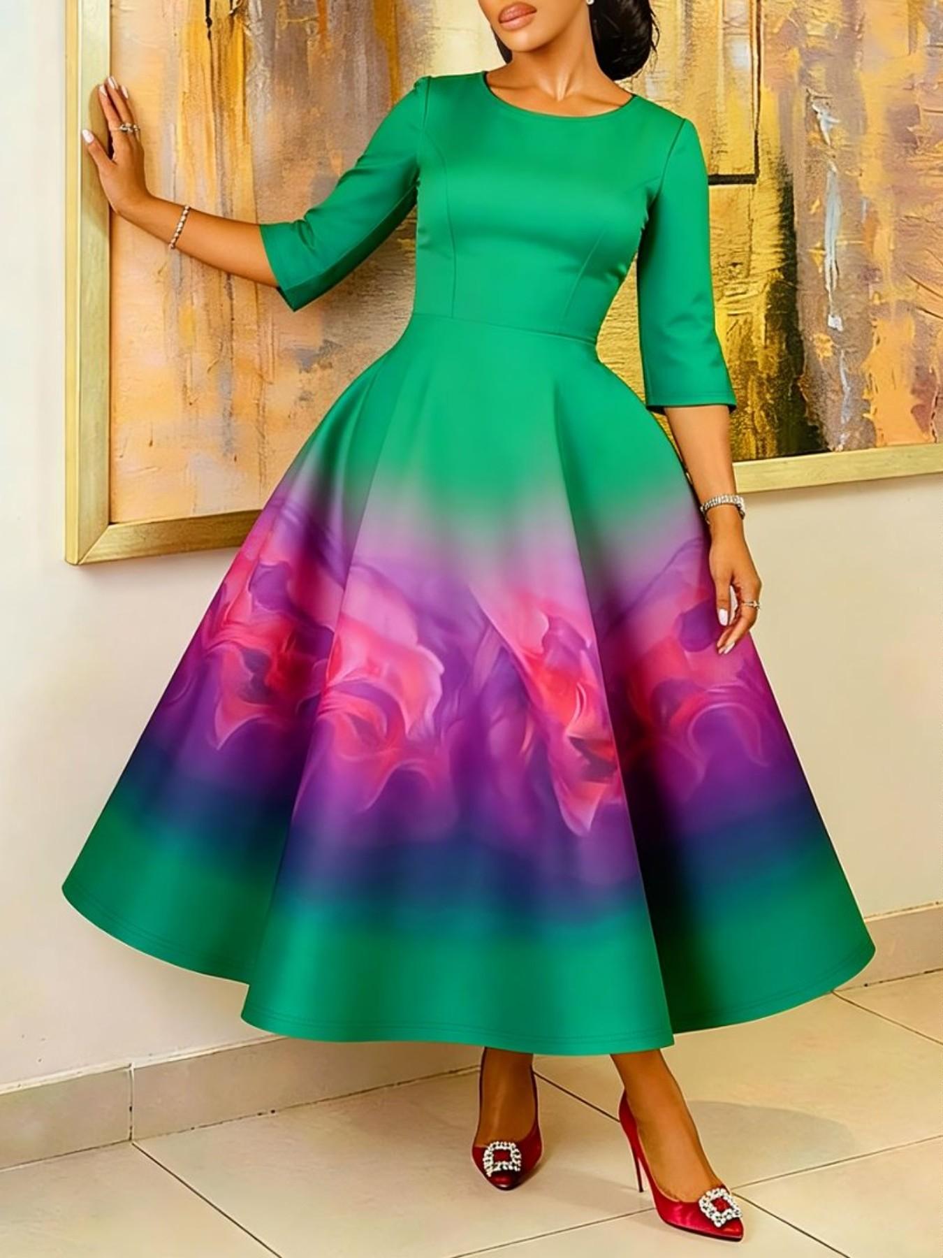 Women's Summer Fashion Elegant Classy Flattering Gradient Long Dress, Slim-Fitting Half Sleeve Print Dress, Perfect for Evening Parties and Events
