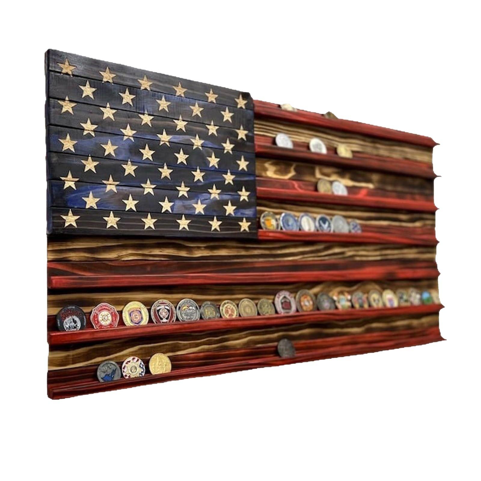 Unique Handcrafted Wooden American Flag Challenge Coin Display, Perfect for Firefighters, Police, and Military Enthusiasts