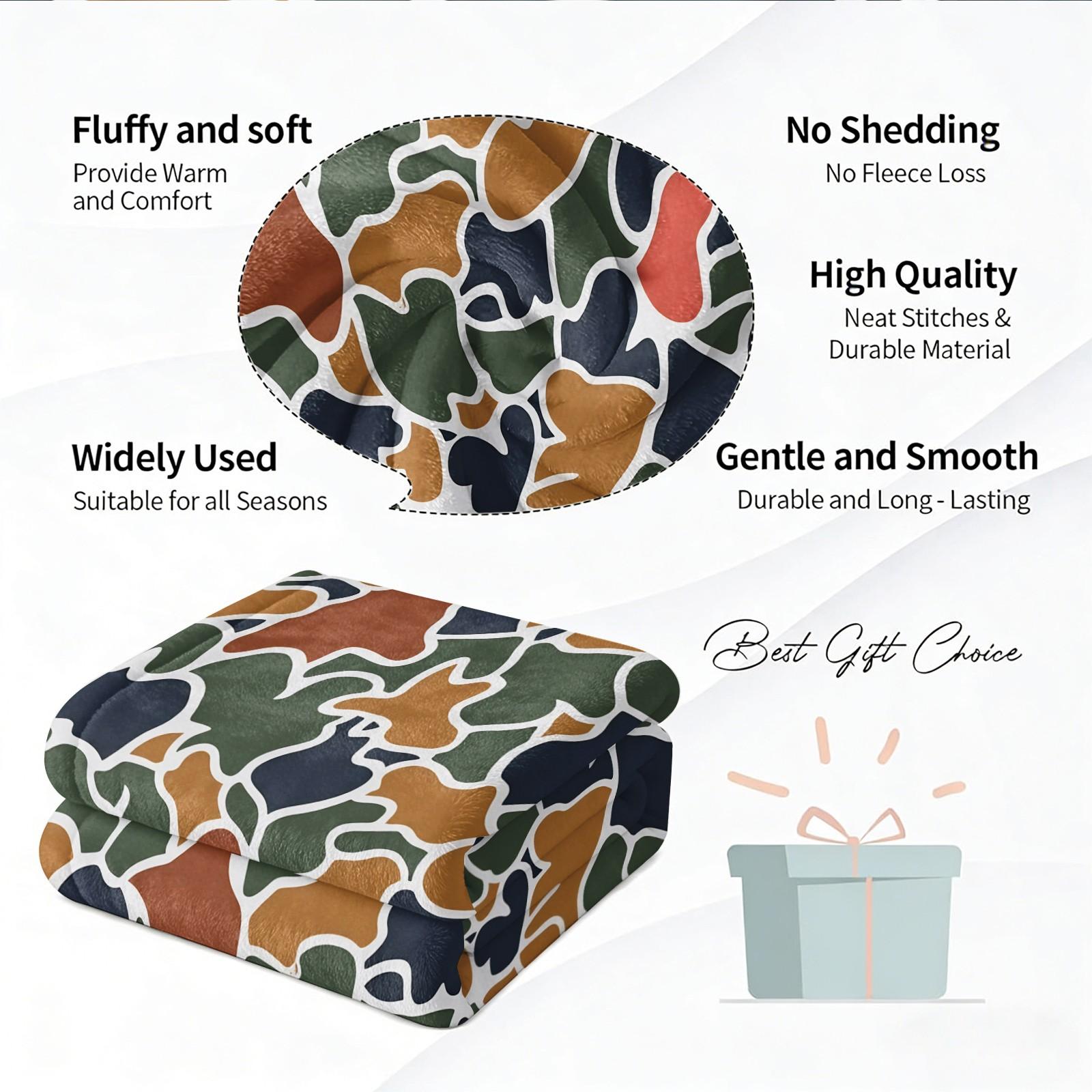 Multicolor Retro Camouflage Print Flannel Throw Blanket, Abstract Camo Pattern Blanket for Summer Air Conditioner Room, Lightweight Cozy Blanket for Bed Sofa Cover Office Nap Car Camping Travel