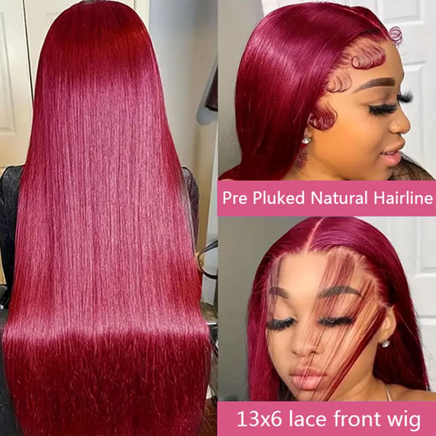 Burgundy Wig Human Hair 13x4 HD Transparent Lace Front Wig Straight 99J Red Wine Lace Frontal Wig Blended Hair Colored Reddish Brown Lace Frontal Wigs 200% Density Pre Plucked with Baby Hair