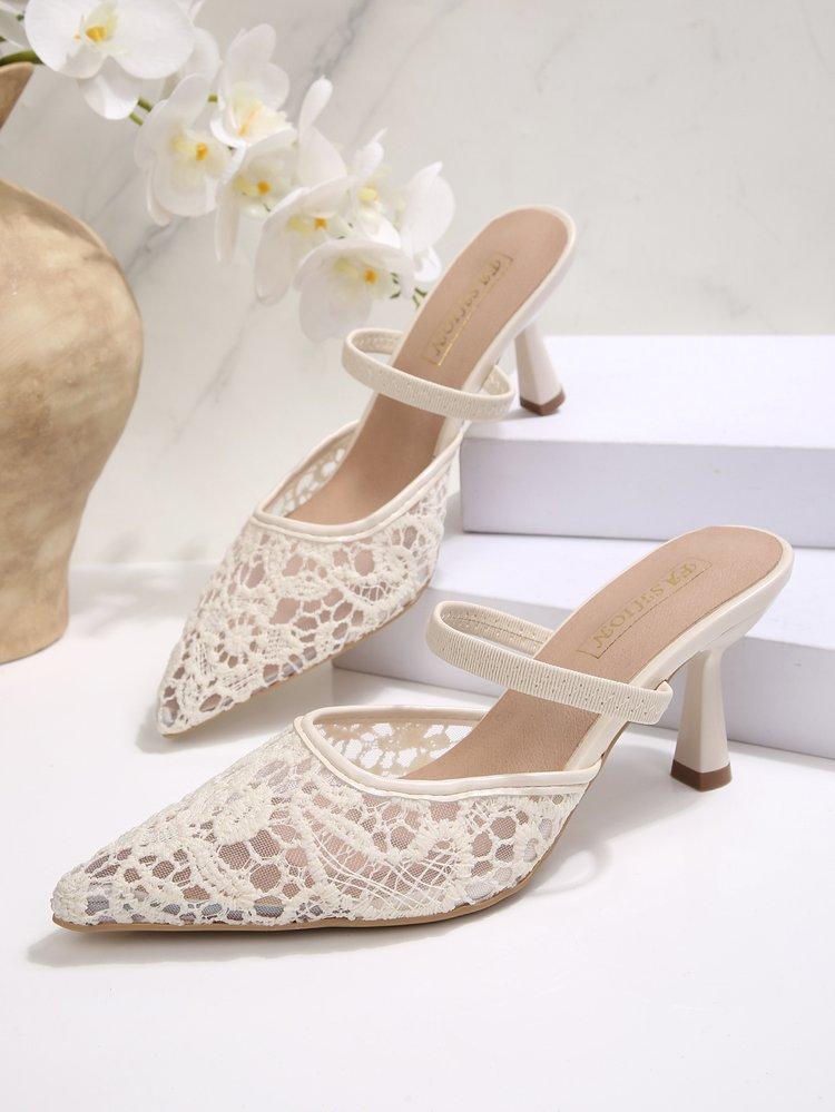 Women's Summer French Lace Pointed Toe Sandals Block Heel Ankle Strap Slingbacks Sexy Outdoor Slides