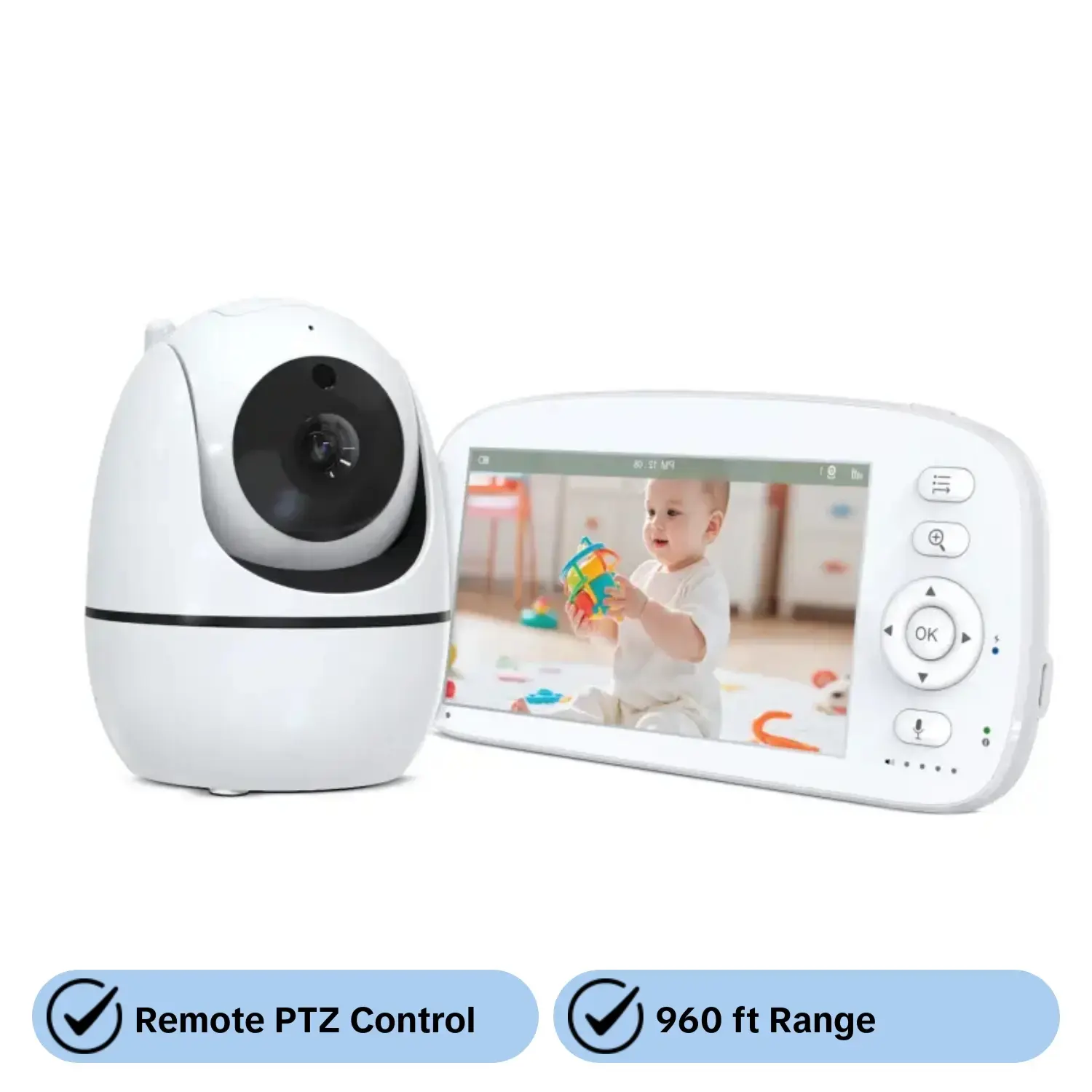 5-inch Newborn Baby Nursery Monitor with Camera and Audio, No WiFi, Remote PTZ Control, Auto Night Vision, Room Temperature Monitoring, Two-Way Audio and Lullabies, 960 ft Transmission Range