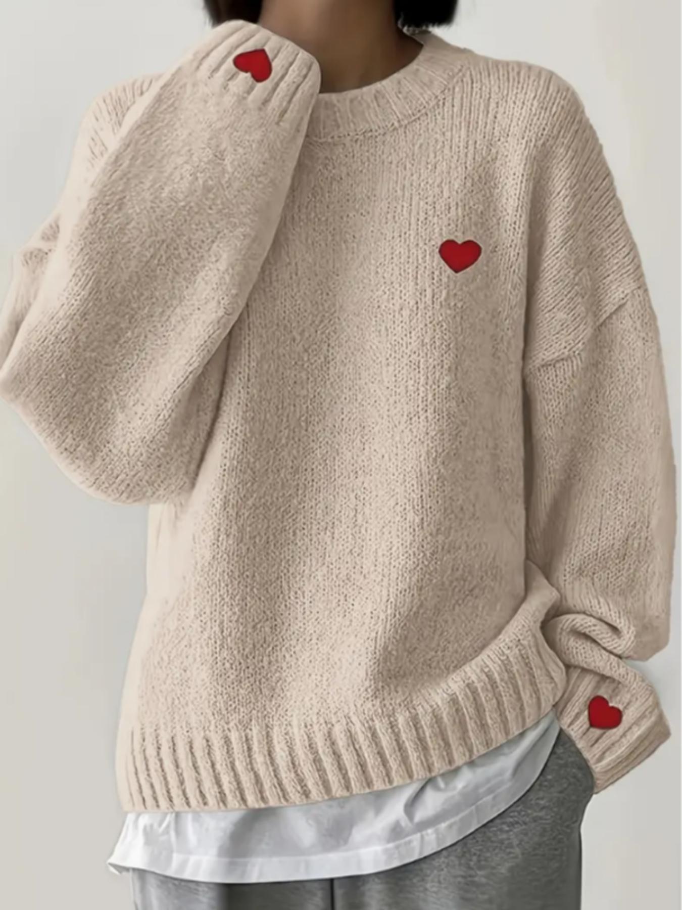 Women's Winter New Fashion Sweater, Embroidered Heart Knitwear, Elegant Casual Woolen Pullover, Loose Long Sleeve Top, Embroidery