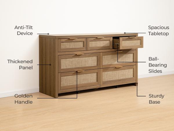 SICOTAS 7 Drawer Dresser for Bedroom, 57" Wide Rattan Dressers for Nursery, Living Room TV Stand, Boho Closet Organizer Chests of Drawer, Clothes Storage Chest, Versatile Usage for Every Room, Durable