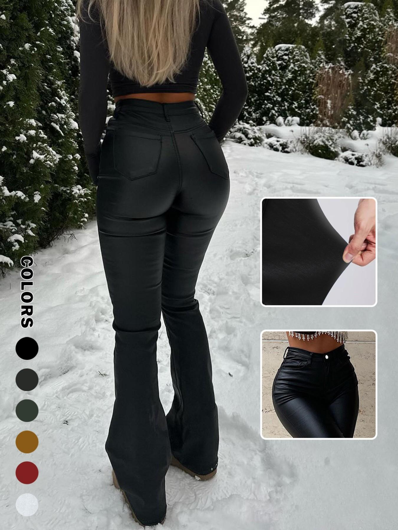 NVFelix Women Faux Leather Butt Lifting Leggings Flare High Waist Sexy Bell Bottom Pants