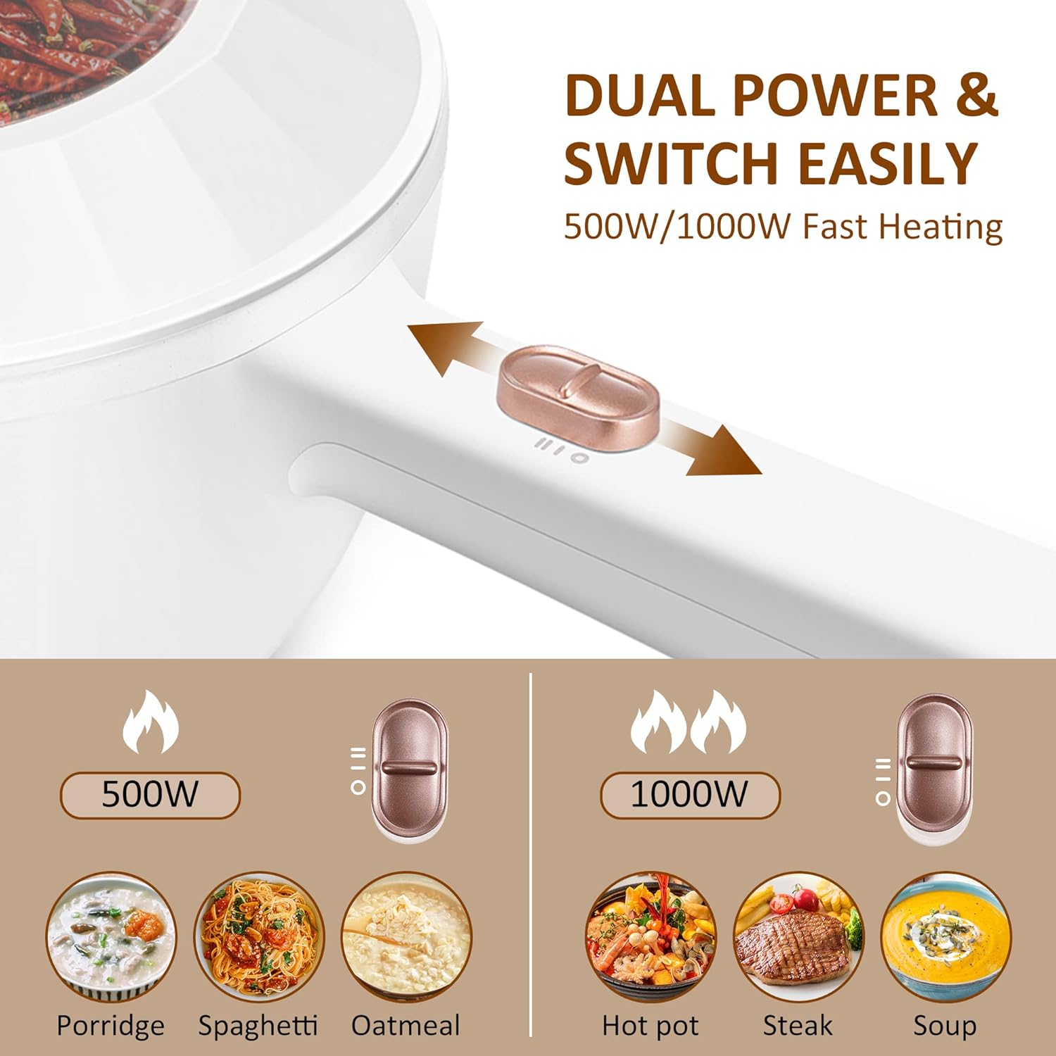 Hot Pot Electric, 2L Multifunctional Portable Cooking Pot, 1000W Rapid Noodles Electric, Non-Stick Frying Pans for Steak, Egg, Ramen, Oatmeal With Dual Power Adjustment