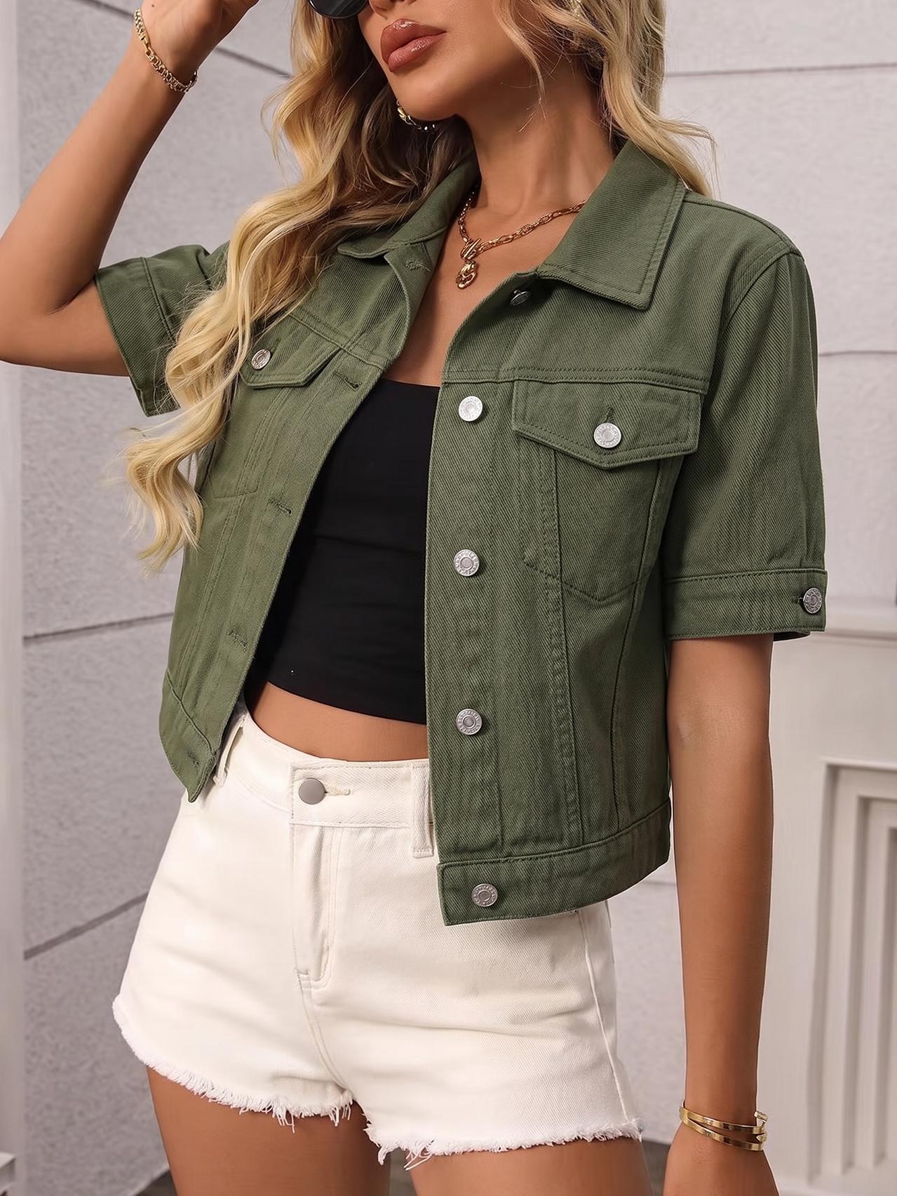 Women's Classic Short Sleeve Denim Jacket, Casual Single Button Short Denim Collar Top, Summer Outerwear, Loose-Fitting
