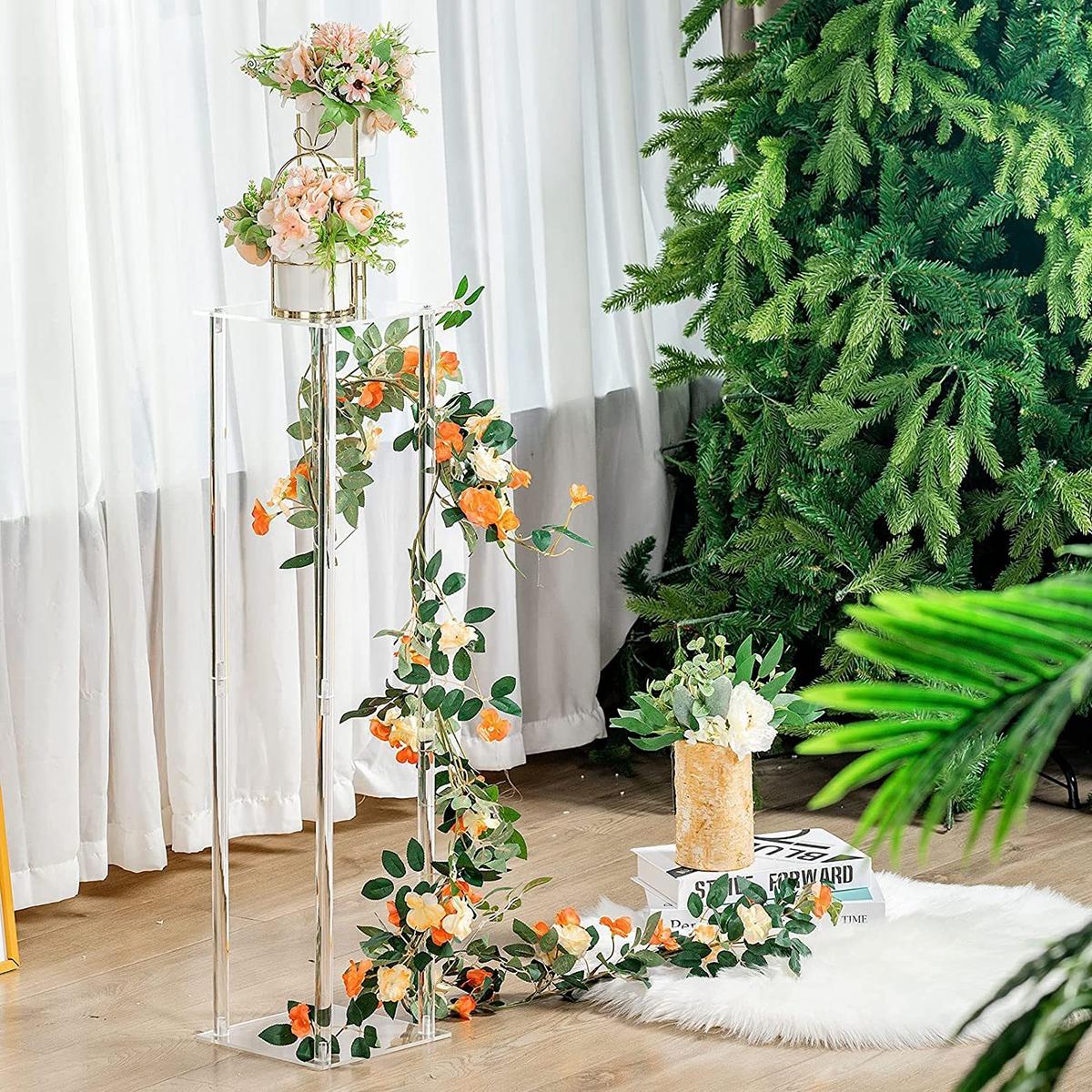 Square Frame Flower Rack Set with Acrylic Panel, Contemporary Metal Vase, Home Decor and Table Centerpiece, Halloween and Christmas Party Decoration