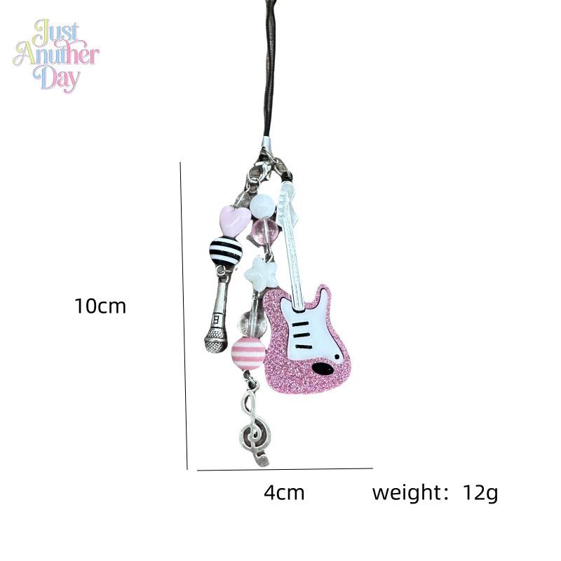 Y2K Pink Guitar Phone Charm, Millennial Style Beaded Keychain with Star & Music Note Details, Cute Bag & Photocard Holder Accessory