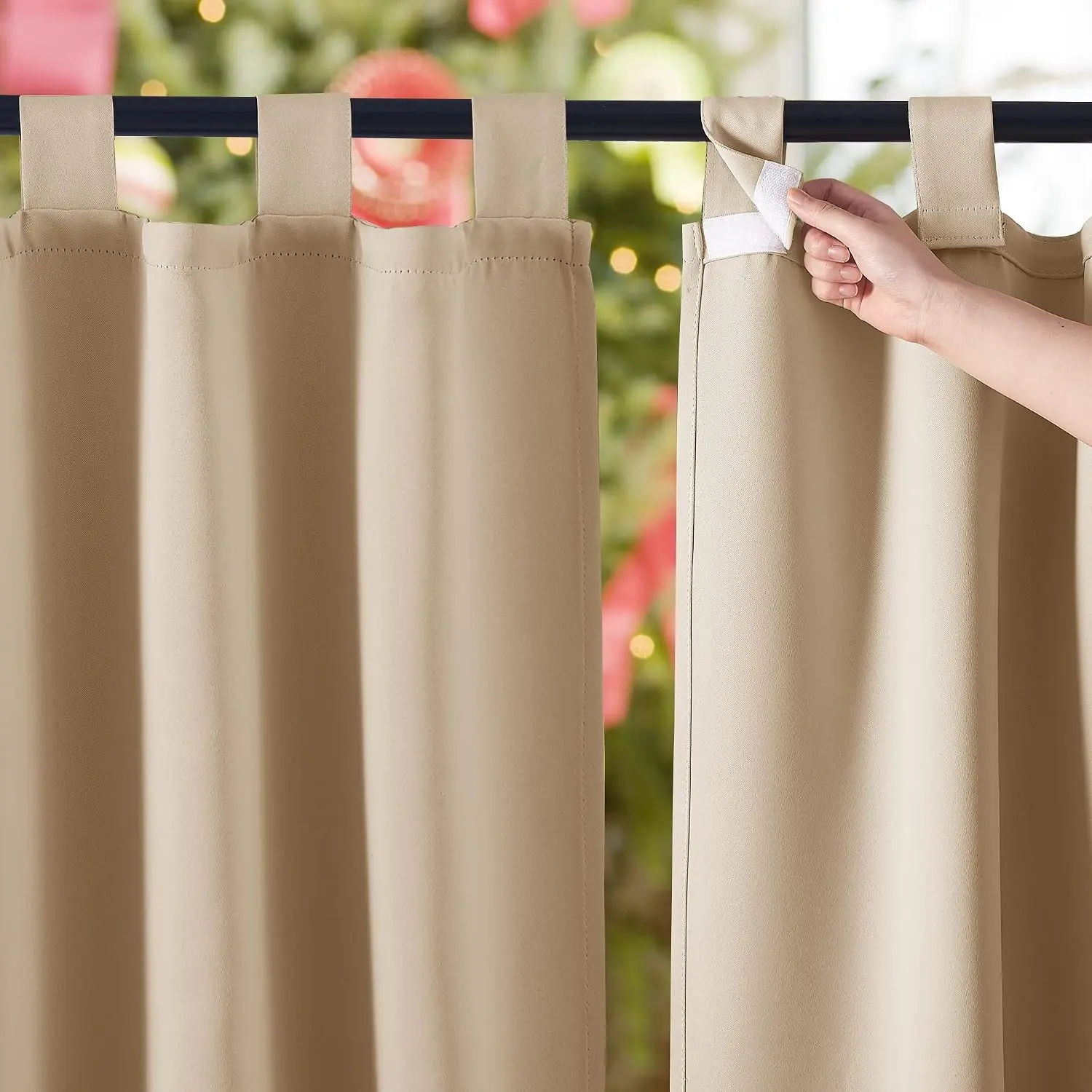 2 Panels Outdoor Waterproof Curtains for Patio 84" Long, Detachable Sticky Tab Top Thermal Insulated Privacy Sun Blocking & UV Protection Drapes for Porch Pergola, Biscotti Beige, W52 x L84