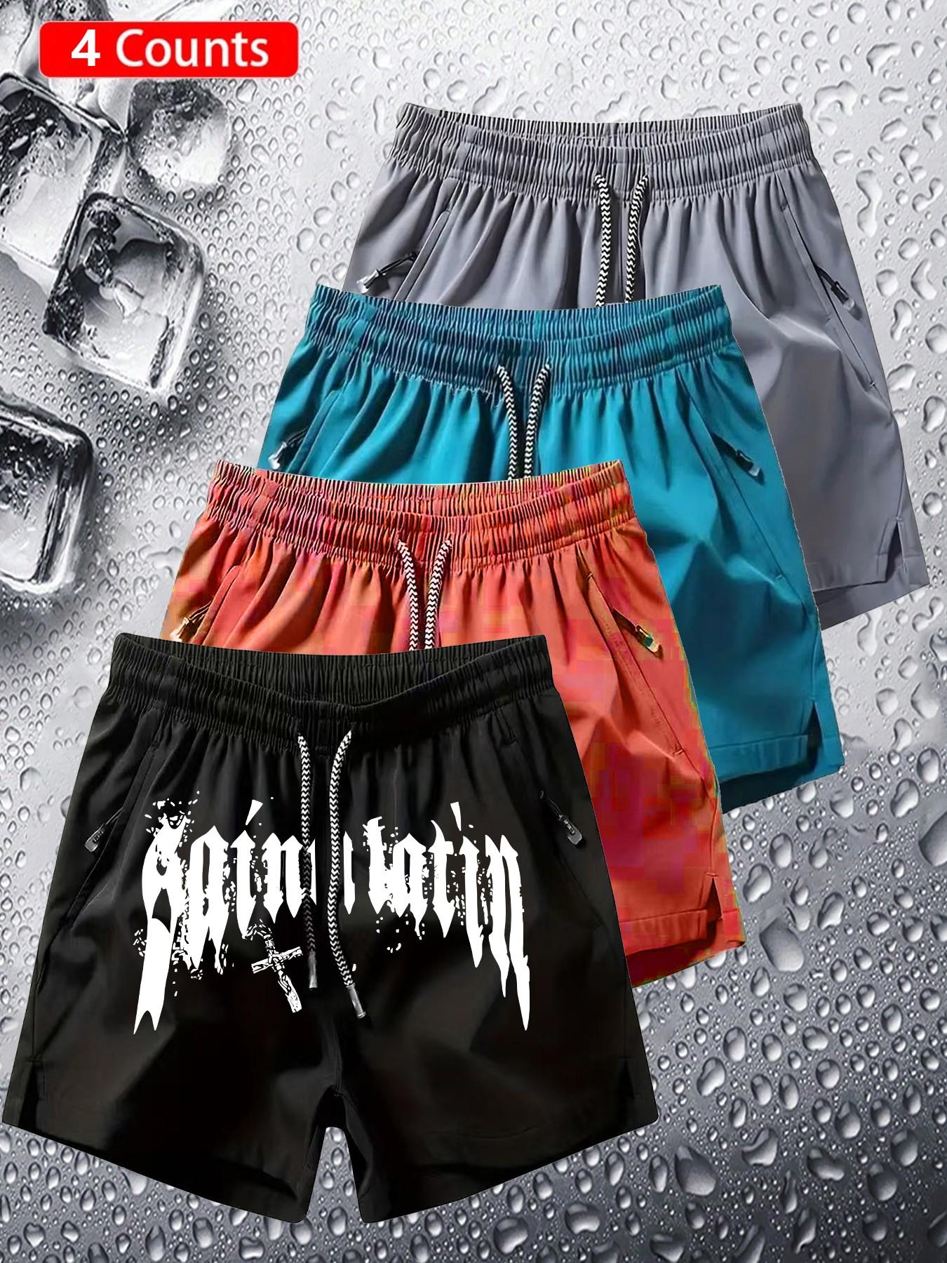 4-Pack Gothic Shorts, Dark Trendy Fashion, Vintage Gothic Font Cross Print, Quick-Dry Breathable Fabric, Unisex, All Seasons