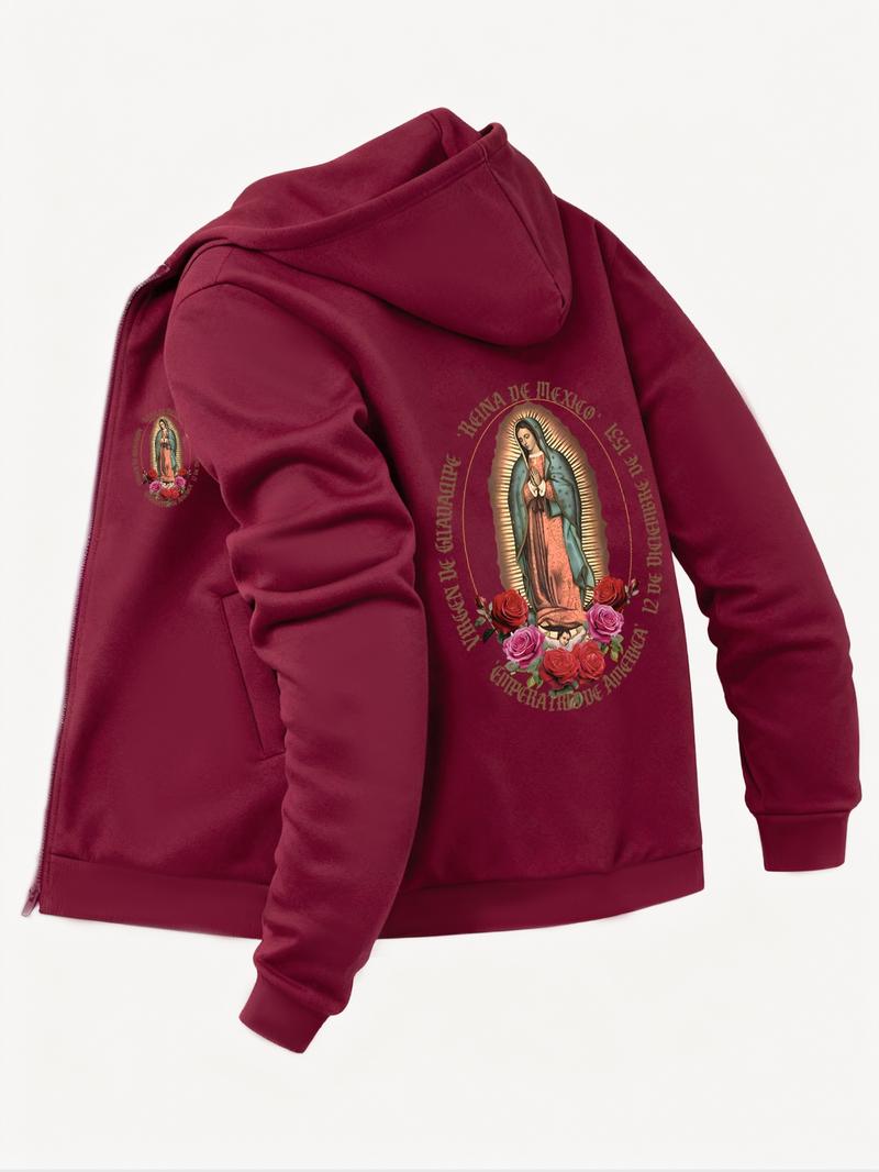 Men's Guadalupe Print Zip Up Hoodie, Casual Regular Fit Long Sleeve Hooded Sweatshirt for Fall & Winter, Men's Top for Daily Wear, Flower Hoodies