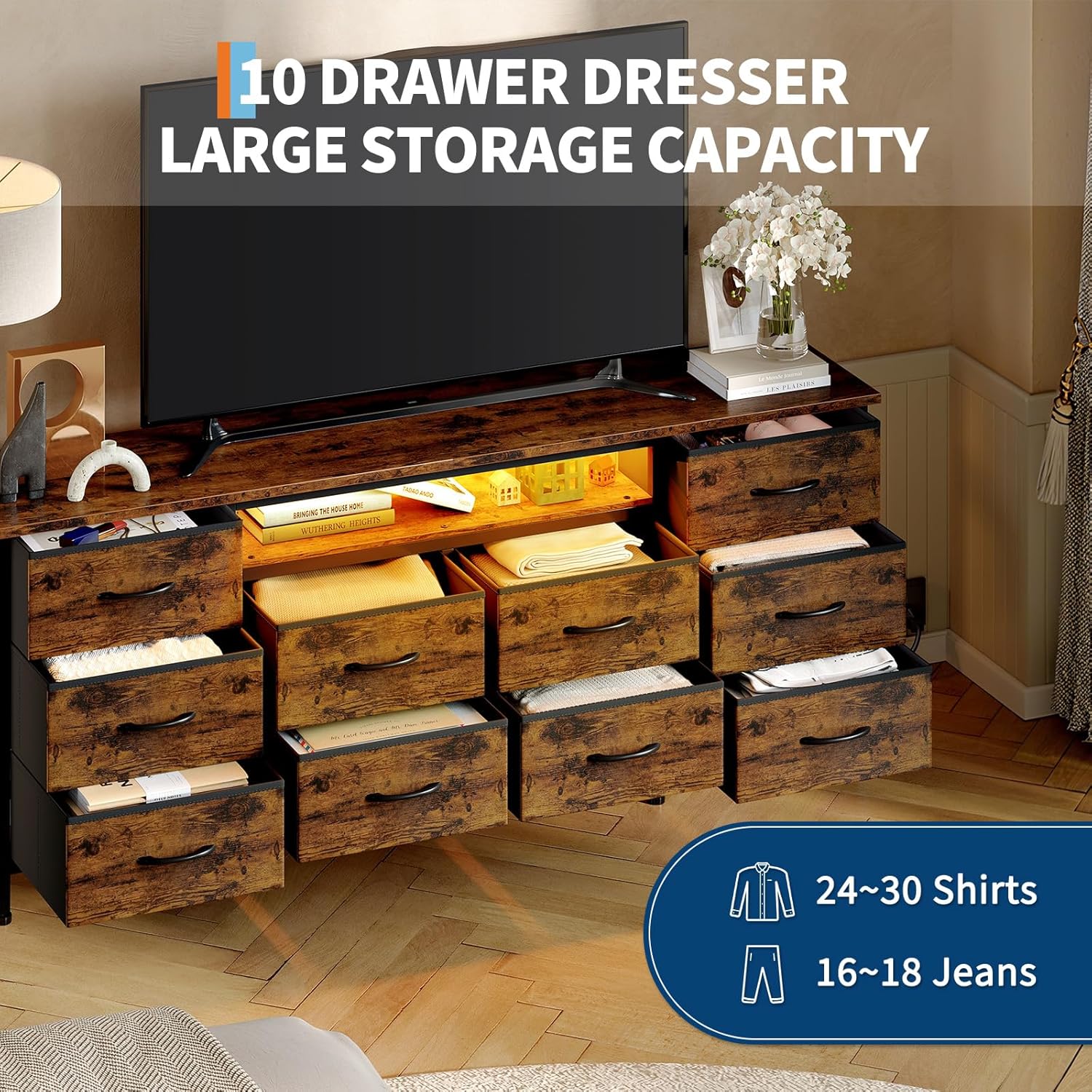 TV Stand for 65, 70, 75 Inch TV, 10 Drawer Long Dresser , 63 Inch Entertainment Center TV Stand Dresser Storage Drawers