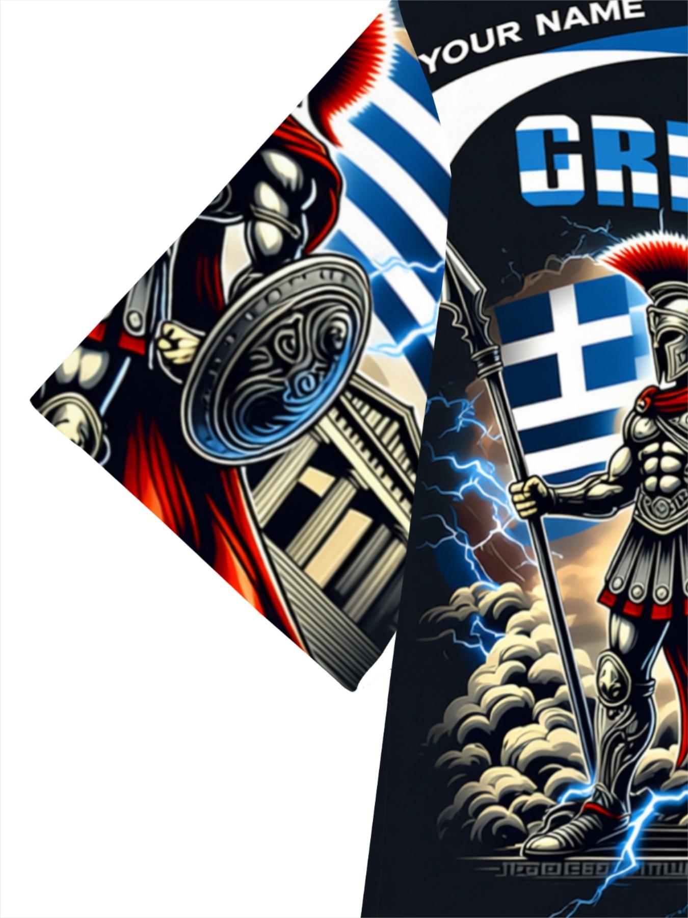 Greece Theme 3D Printed Short Sleeve T-Shirt, Men's Trendy Cultural Shirt, Custom Name Design, Greek Flag Pattern, Casual Sports Top