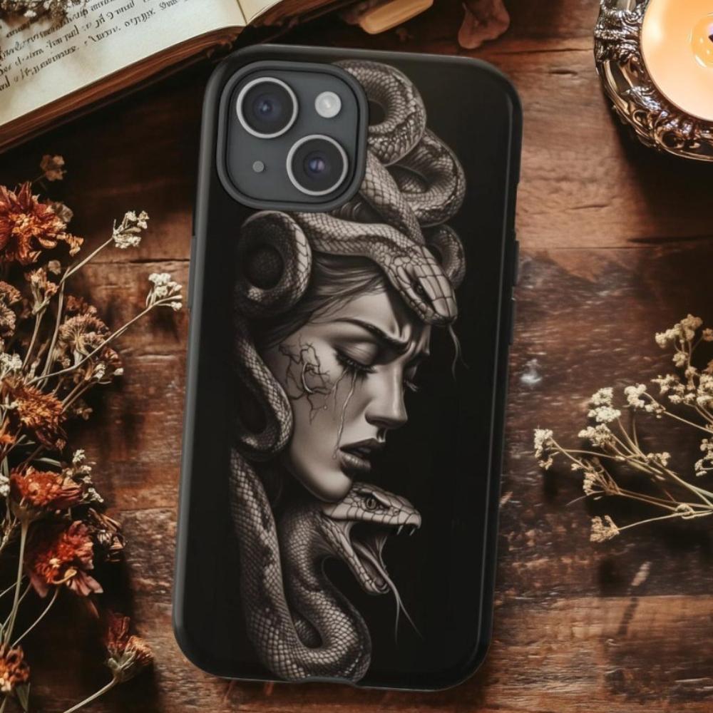 Dark Medusa Snake Gothic Mythology Pattern 2-in-1 Glossy Film Phone Case - Sturdy, Rustic, Shockproof, Anti-Scratch TPU Protective Cover Compatible with iPhone 17, 16, 15, 14, 13, 12, 11 Pro Max Plus & Samsung Galaxy S24 Plus, S25, S22+, Ultra, FE, Edge