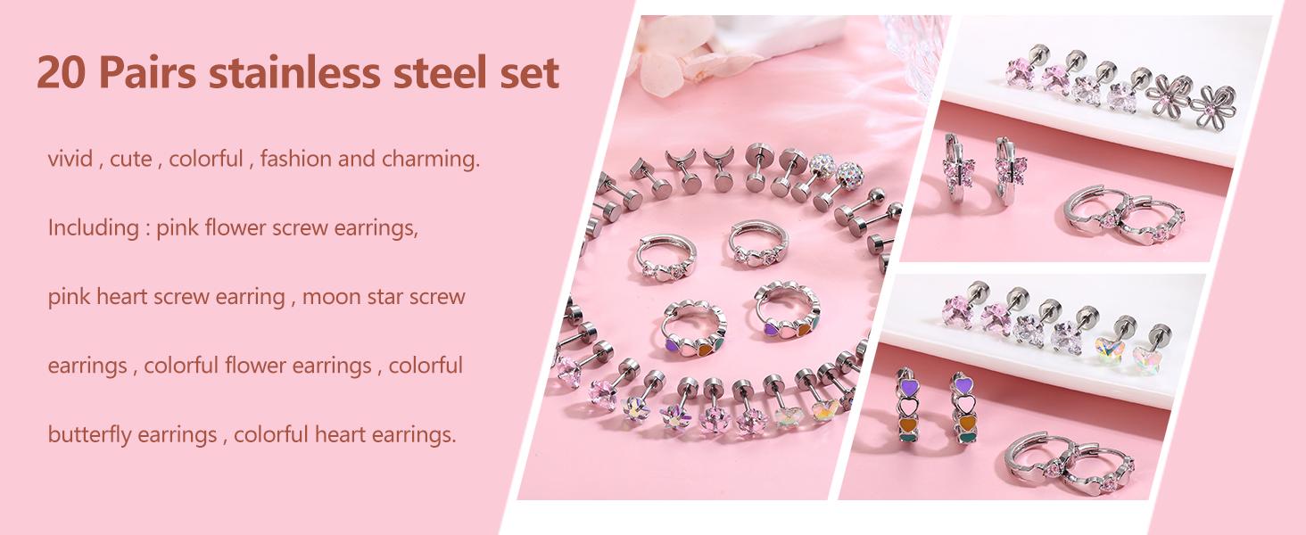 LOYALLOOK 20Pairs Screw Back Earrings Stud for Women Surgical Steel Hypoallergenic Cartilage Stud Earrings Tiny Opal CZ Screwback Flat Back Stud Earrings Cute Heart Hoop Earrings Set 20G Safety Design Elegant Fashionable Durable Sturdy